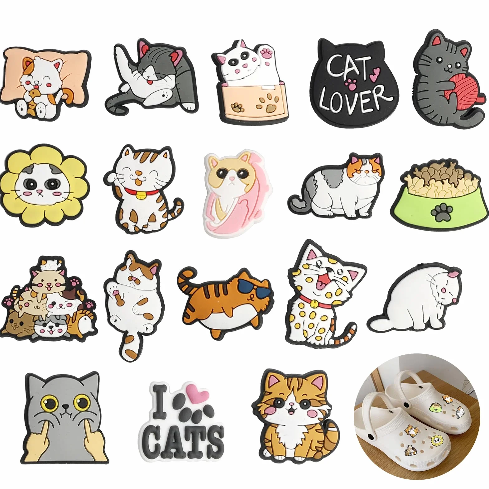 18 szt. Kreskówka kot buty charms szpilki do butów z PVC, DIY dekoracja dla dzieci, różne wzory, na imprezy i prezenty, wielokrotnego użytku i łatwe do przymocowania, non, PVC, Nie
