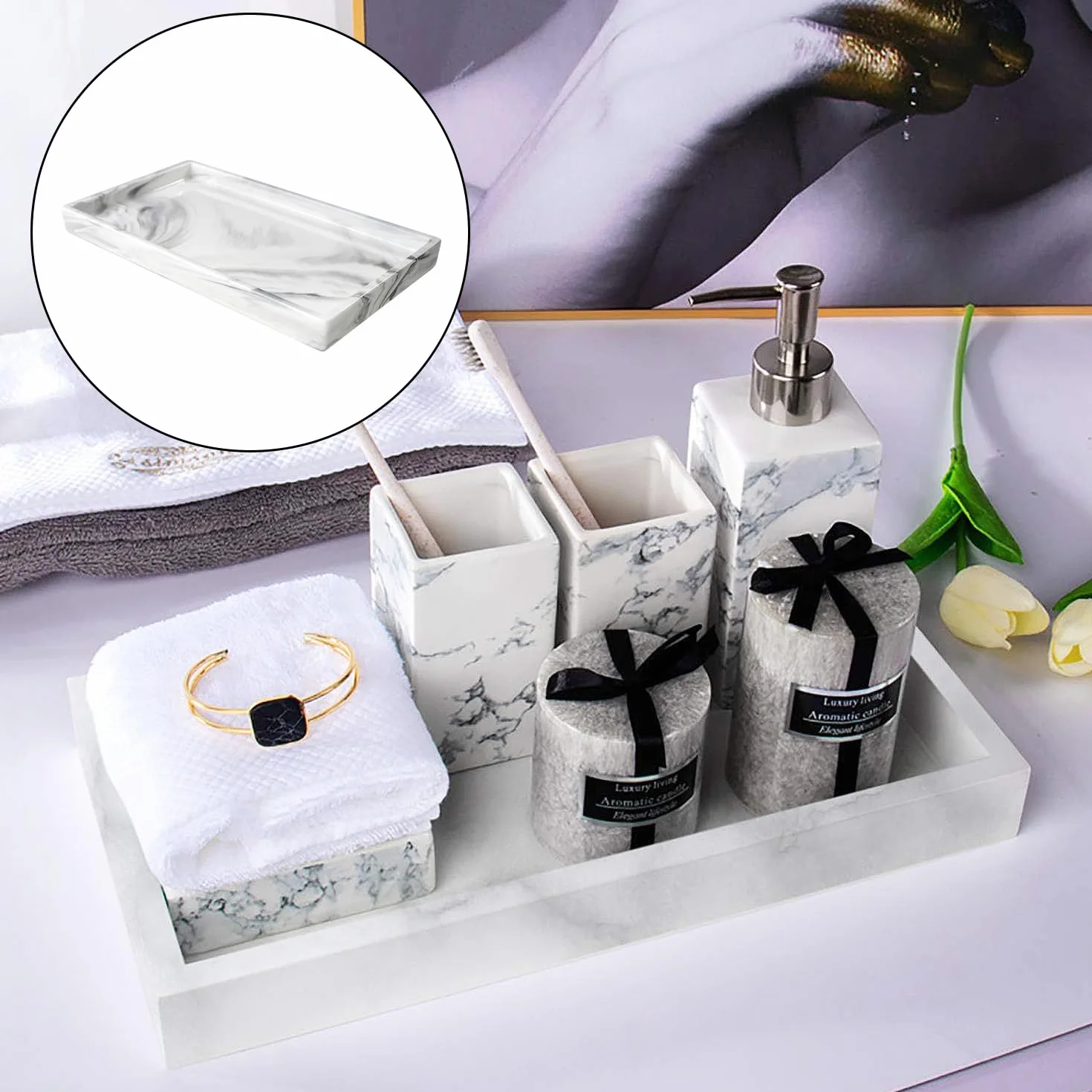 2 x marmurowe tace do przechowywania i 2 szczotki do fug, taca do dekoracji wnętrz, silikonowa taca, odpowiednia do łazienki, kuchni, salonu