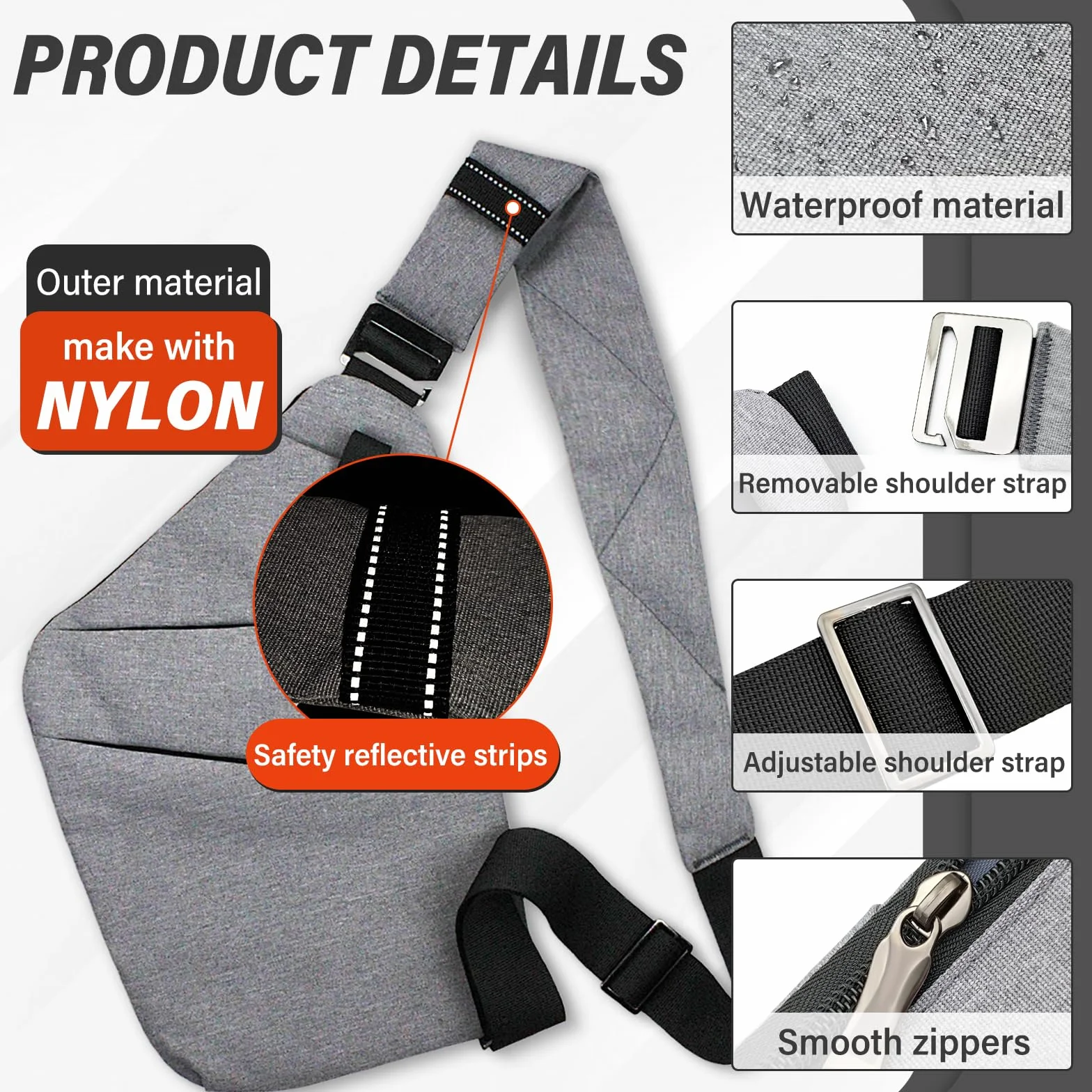 FuninCrea Sling Bag męska torba podróżna zabezpieczona przed kradzieżą z 5 kieszeniami i odblaskowym paskiem, torba na ramię, męska torba antykradzieżowa z paskiem na ramię
