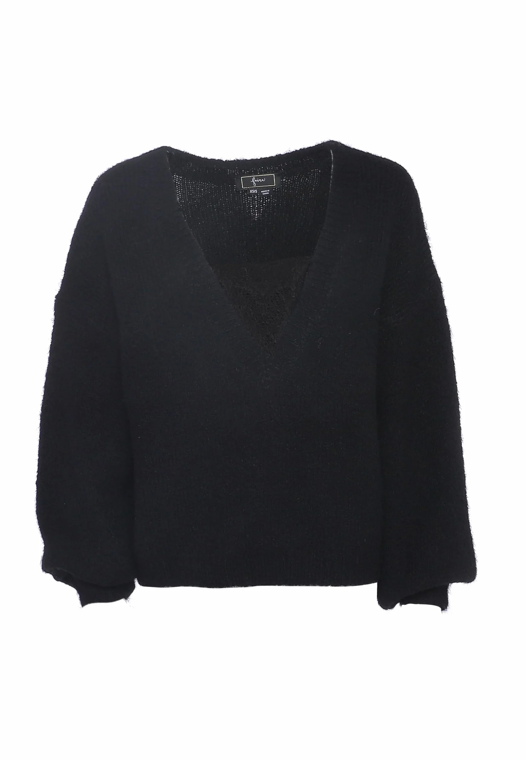 faina Damski temperament głęboki dekolt w serek luźny design sweter czarny rozmiar XL/XXL, czarny, XL