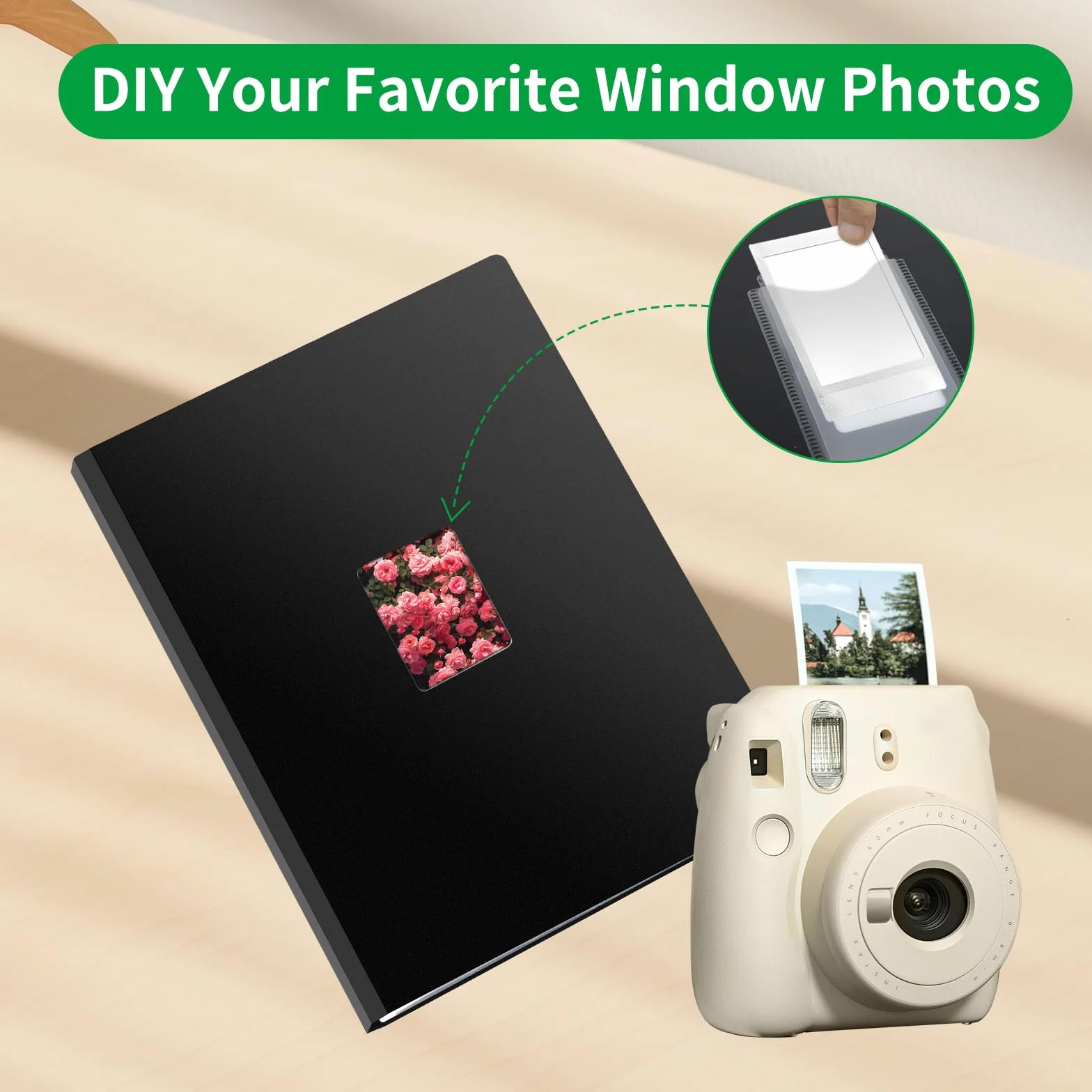 FRETONBA Album Fotograficzny Do Filmów Polaroid W Formacie 6×9 Cm, Album Fotograficzny Z Kieszonkami Do Zdjęć Instax Mini Z 216 Kieszonkami, Duży Fotoksiążka Z Okienkiem Z Przodu, Czarny