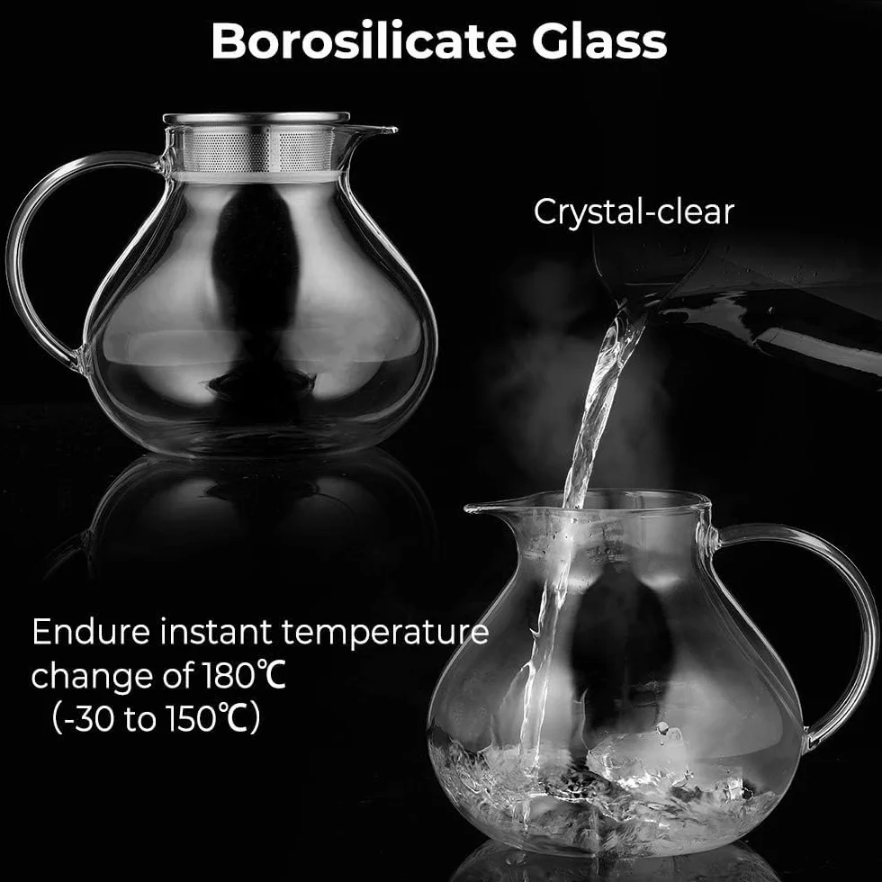 Ecooe 1400 ml prosta szklana dzbanek do herbaty z 18/8 czarną stalą szlachetną 2 w 1 sitko do herbaty z pokrywką dzbanek do herbaty z borokrzemiku Nadaje się do zimnych i gorących napojów na otwartym