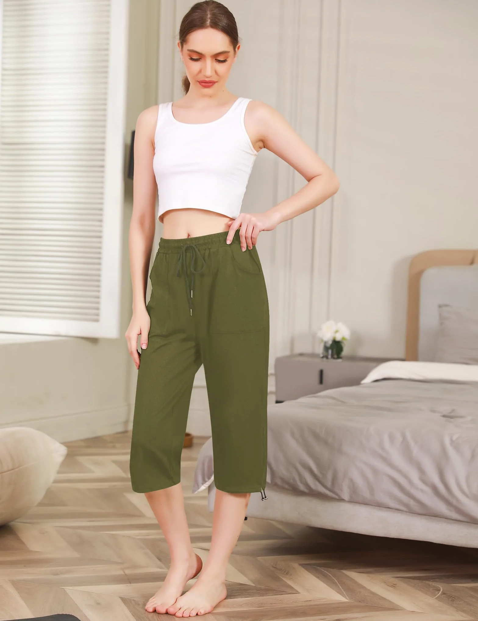 Totatuit Damskie spodnie do joggingu, bawełniane spodnie sportowe 3/4, spodnie treningowe, do jogi, fitness, legginsy sportowe, z kieszenią na czas wolny, zielony, M