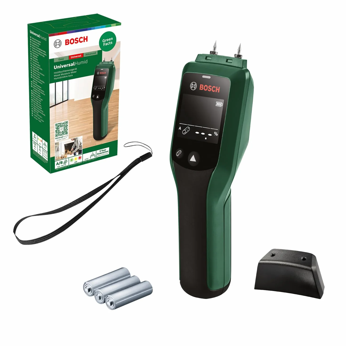Bosch Universalhumid Wilgotnościomierz z Precyzyjnym Wyborem Grupy Drewna i Trójkolorową Diodą LED