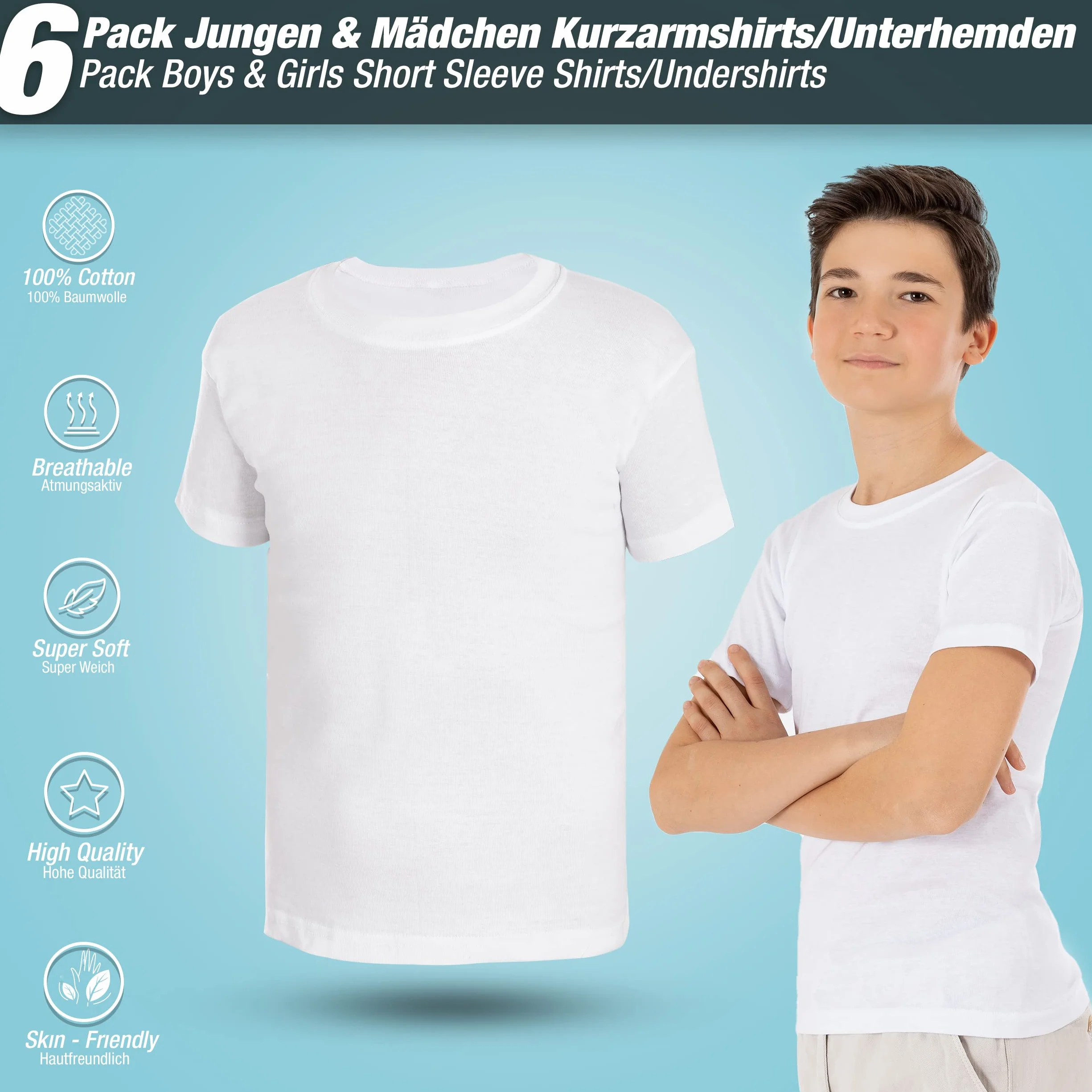 LOREZA ® 6-pak dziecięcy podkoszulek z krótkim rękawem, dla chłopców i dziewczynek, bielizna 100% bawełna