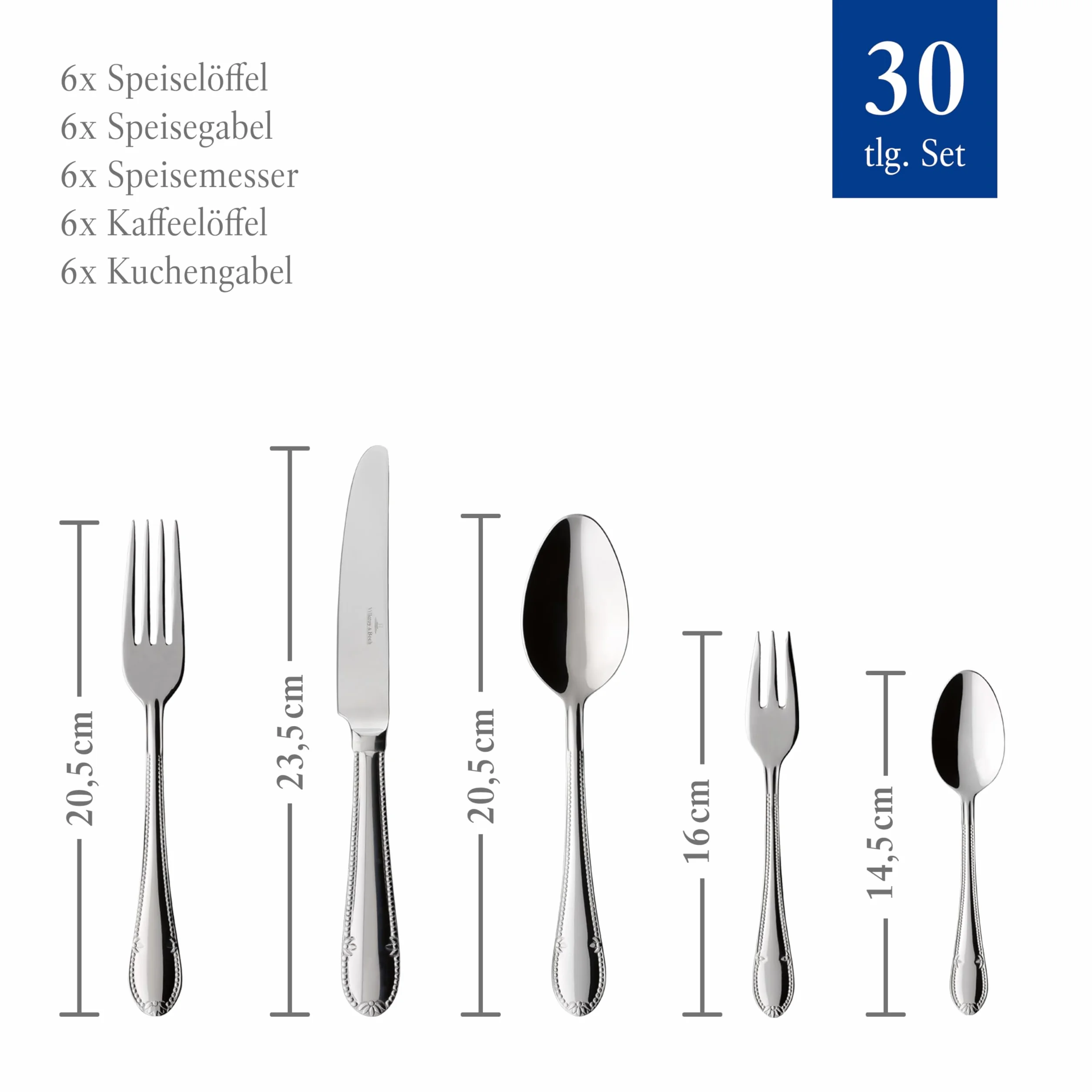 Villeroy & Boch - Mademoiselle, Komplet sztuców ze stali nierdzewnej dla 6 osób, 30-el., Nierdzewny, Srebrny, Można myć w zmywarce