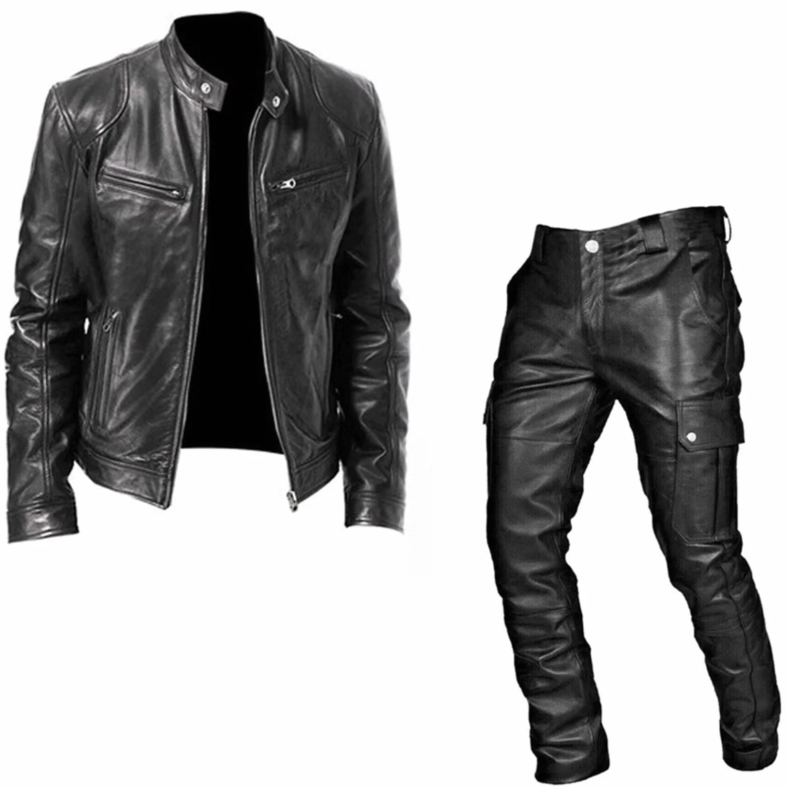 Męskie spodnie w stylu retro, na jesień/zimę, punk casualowe spodnie, skórzane, dwuczęściowy garnitur
