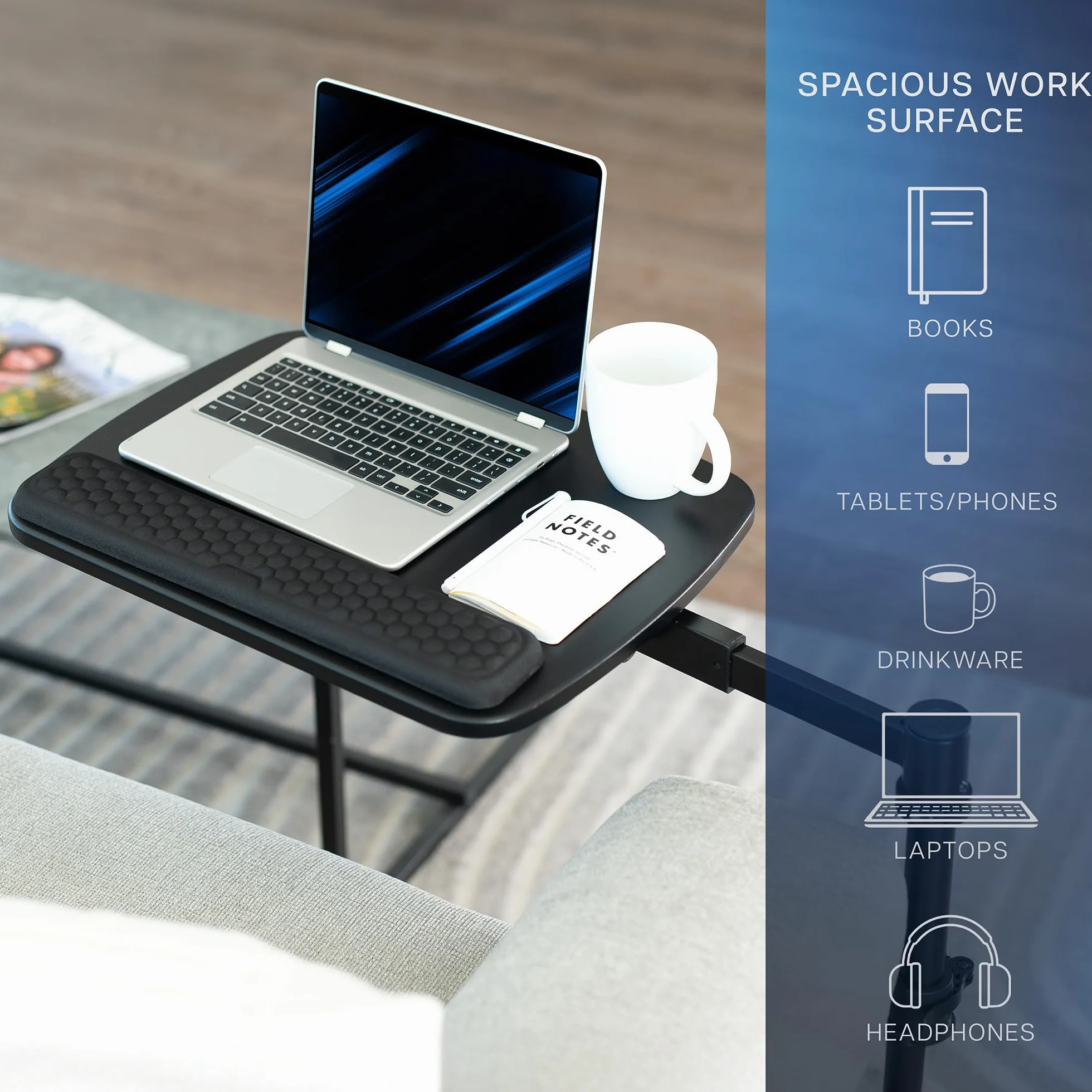 VIVO DESK-ST02C stół obrotowy nad kanapą, biurko na laptopa, do pracy zdalnej, przenośna stacja robocza z regulowanym ramieniem obrotowym, 50 cm, kolor czarny