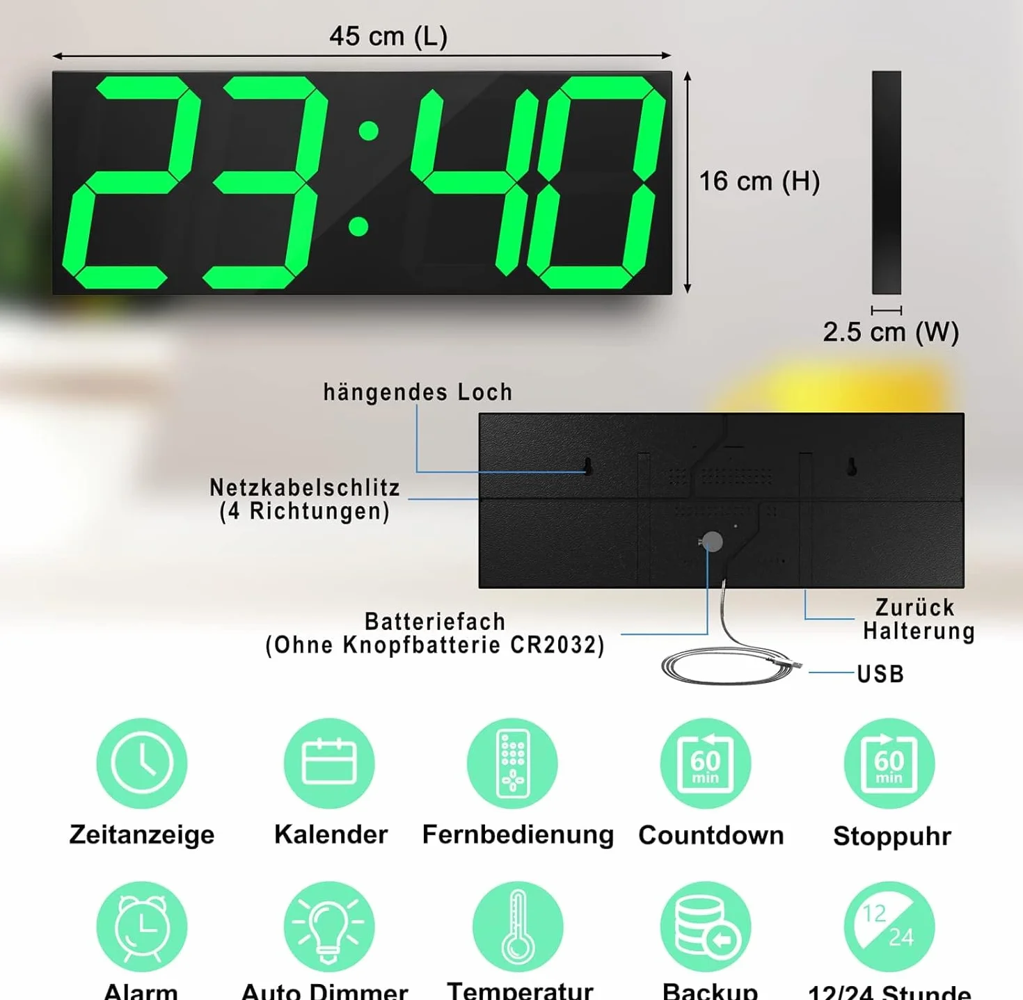 Zegar cyfrowy LED duży ścienny 18 cali wyświetlacz regulowana jasność 16 alarmów 12/24h temperatura kalendarz zielony