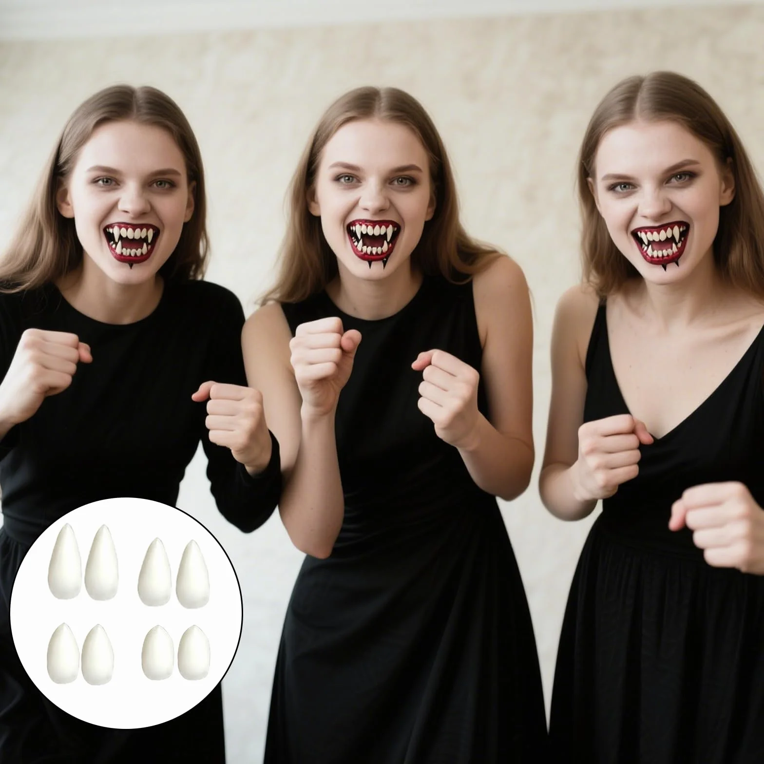 4 pary zębów wampira, Halloween sztuczne zęby wampira, protezy zębowe z klejem w granulkach, 4 rozmiary kłów dla demonów Cosplay, rekwizyty na Halloween, imprezę, kostium
