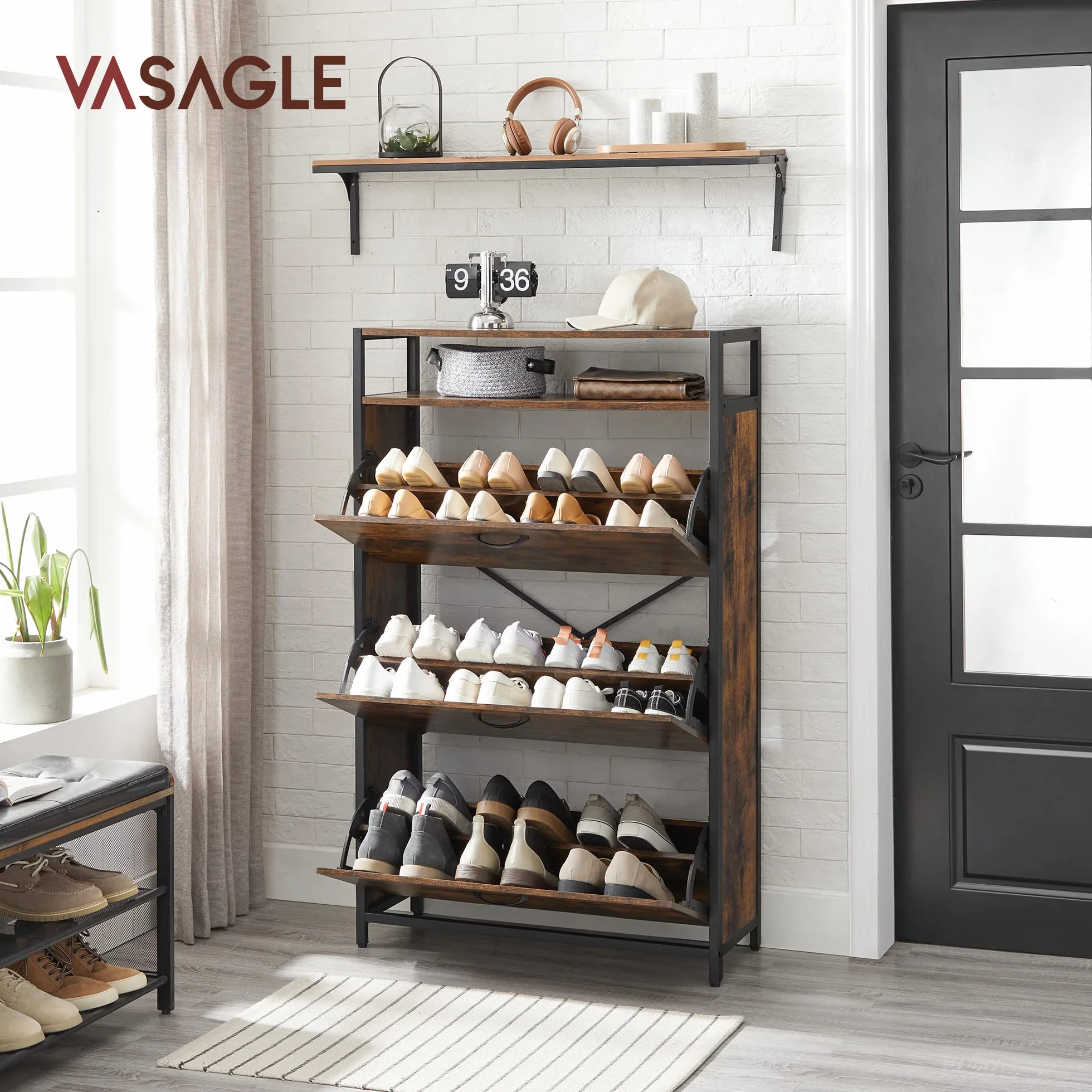 VASAGLE Szafka na buty 80x30x130 cm z 3 drzwiami, rustykalny brąz i czarny