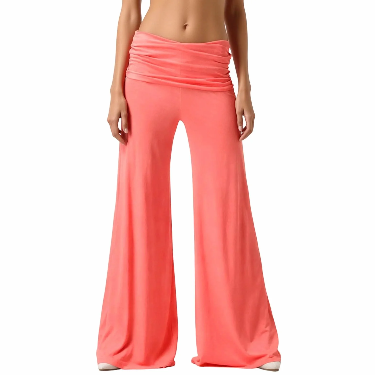 Coral Fold Over Yoga Pants damskie spodnie do jogi, szerokie spodnie z marszczeniem, luźny krój, jednokolorowe 2026, koralowe spodnie plisowane, szerokie spodnie Palazzo z wysokim ściągaczem