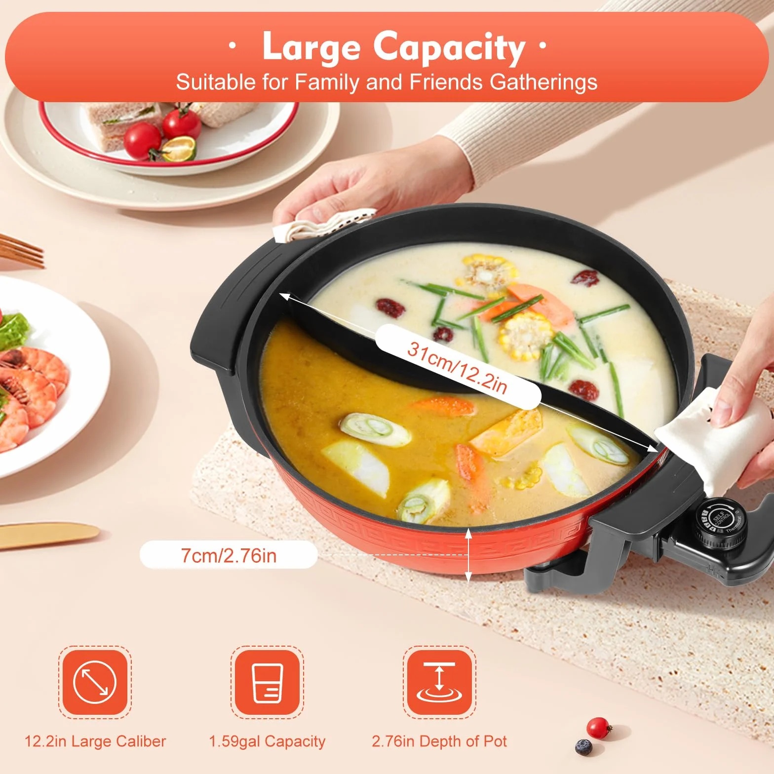 1360 W Hot Pot, elektryczny garnek nieprzywierający z 2 komorami, patelnia typu wok Yin Yang