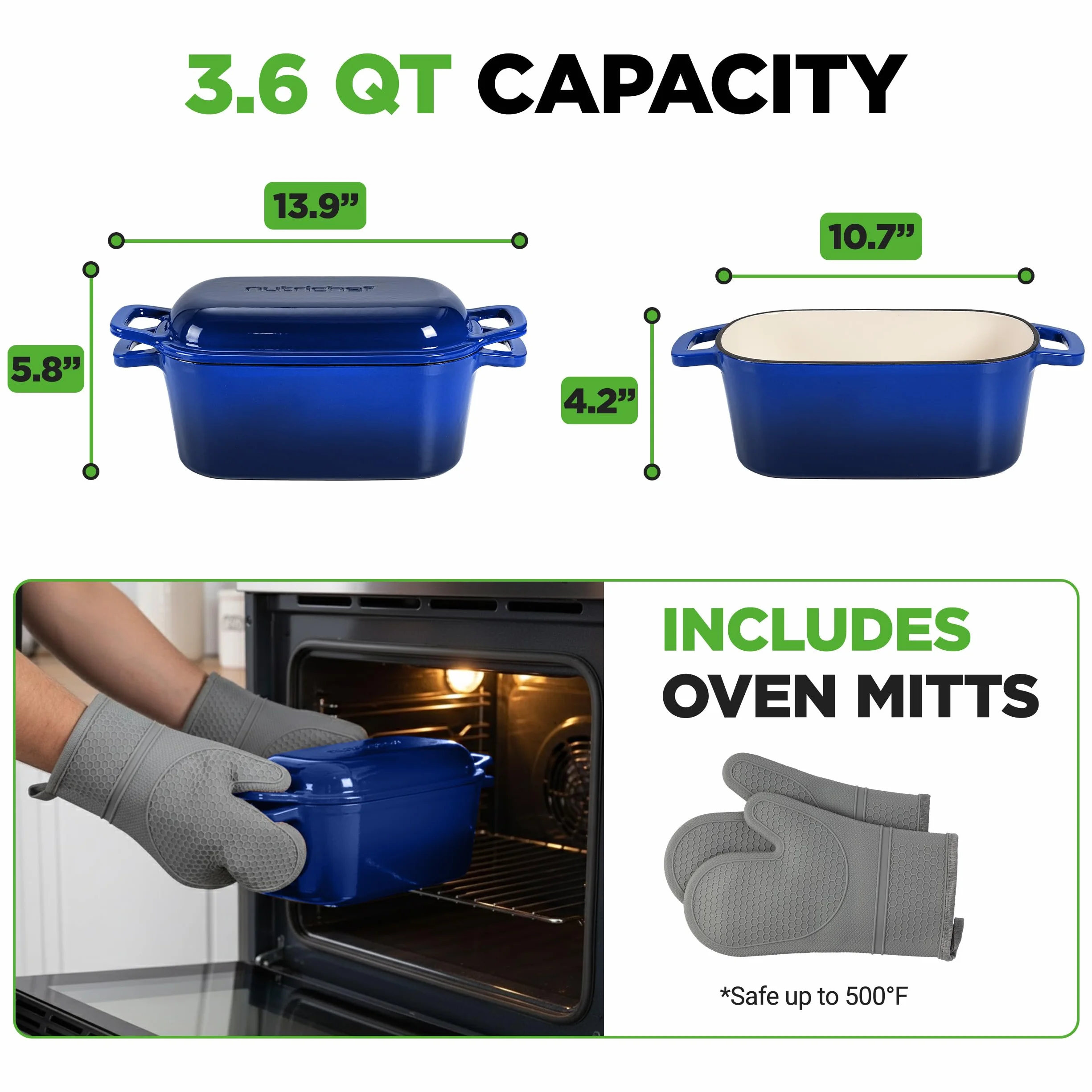 NutriChef 10" emaliowana żeliwna forma do chleba z pokrywką, owalna forma typu Dutch oven z silikonowymi rękawicami, odporna na temperaturę do 260°C, do pieczenia, pieczenia mięs, duszenia, niebieska