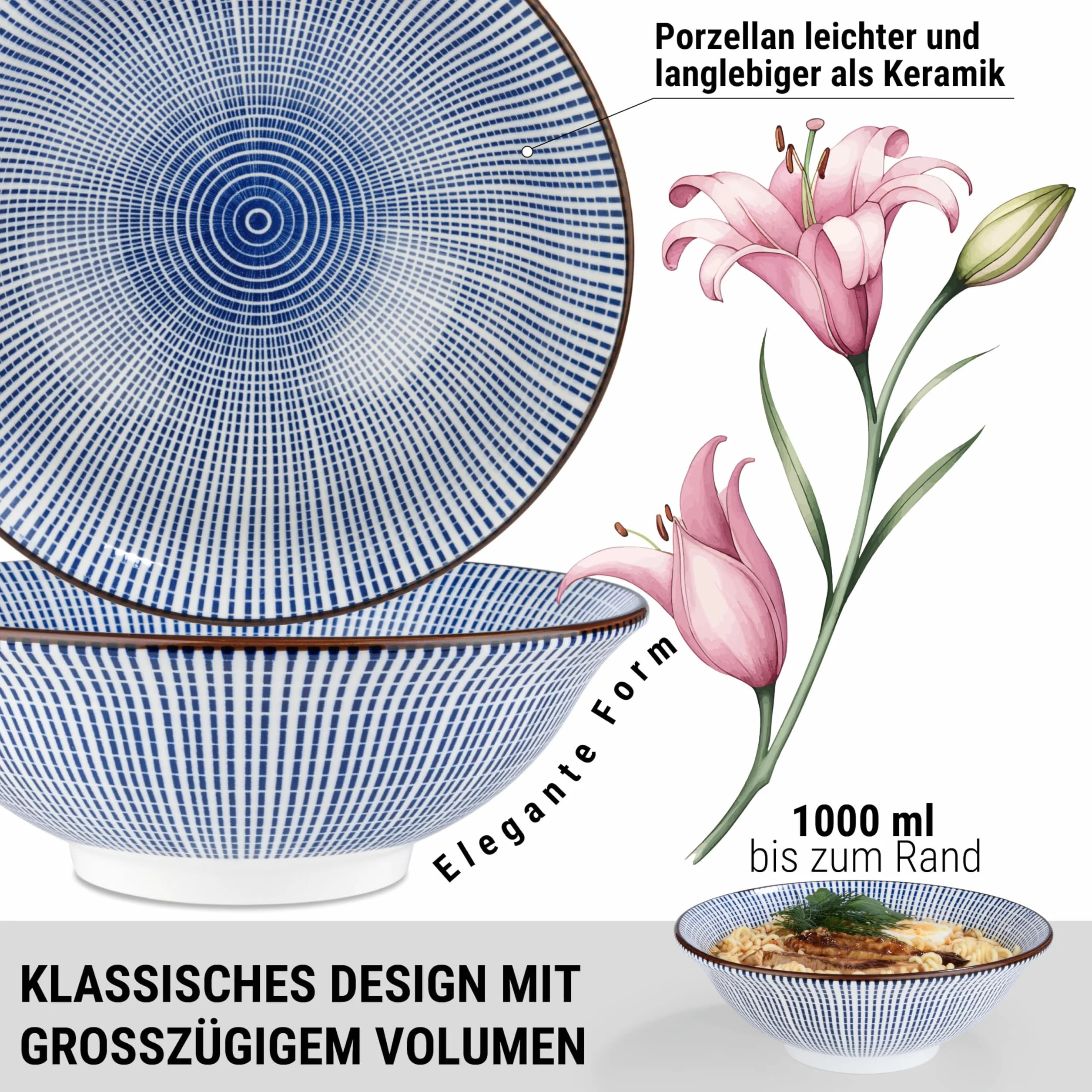 Urban Lifestyle Zestaw Misek do Ramen dla 2 Osób TOKUSA Azjatycka Zastawa z Porcelany Ø 20,5 cm 1000 ml z Łyżkami do Ramen, Miseczkami na Sos i Pałeczkami, Styl Japoński
