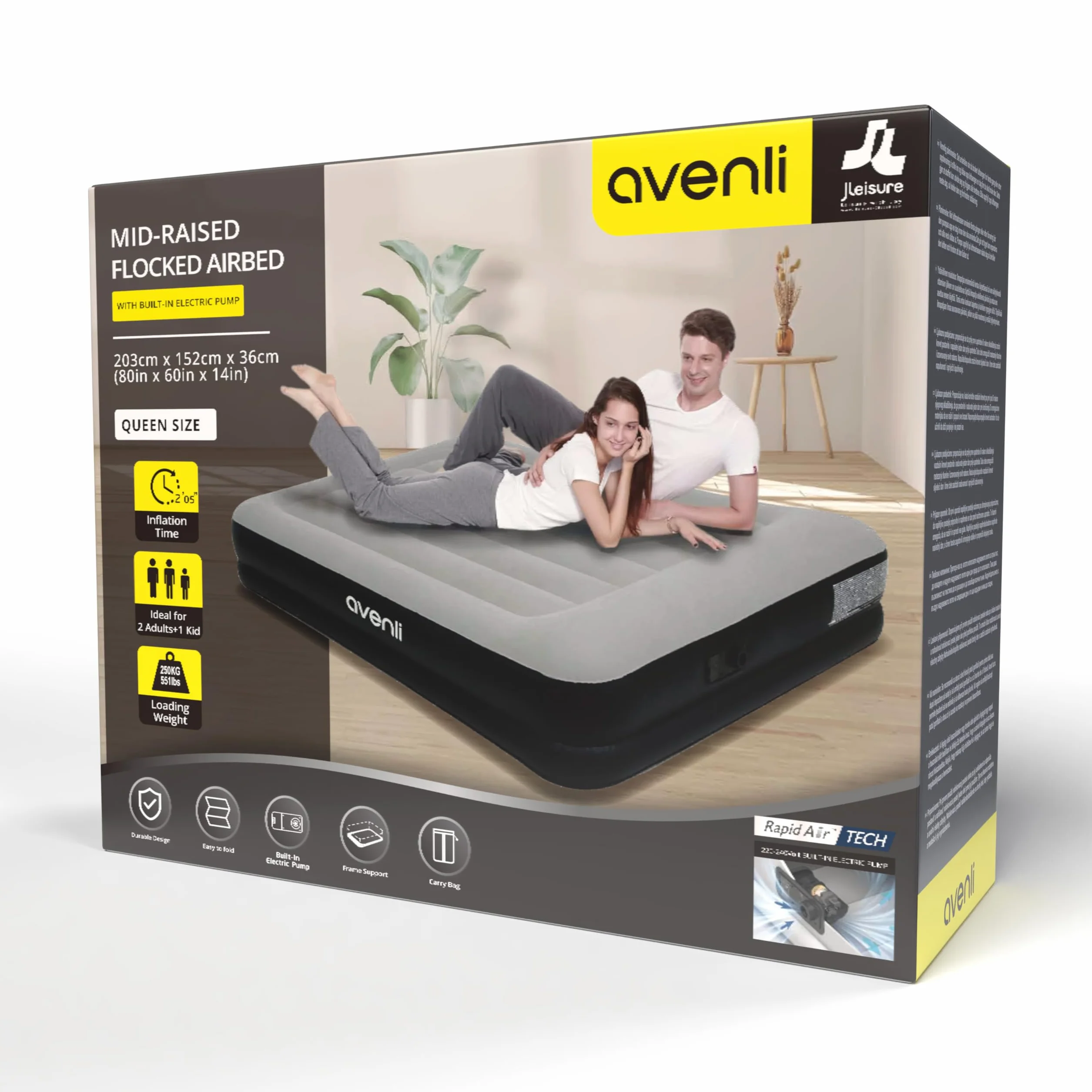 AVENLI Materac dmuchany samopompujący dwuosobowy 203x152x36cm z pompką elektryczną flokowany na kemping