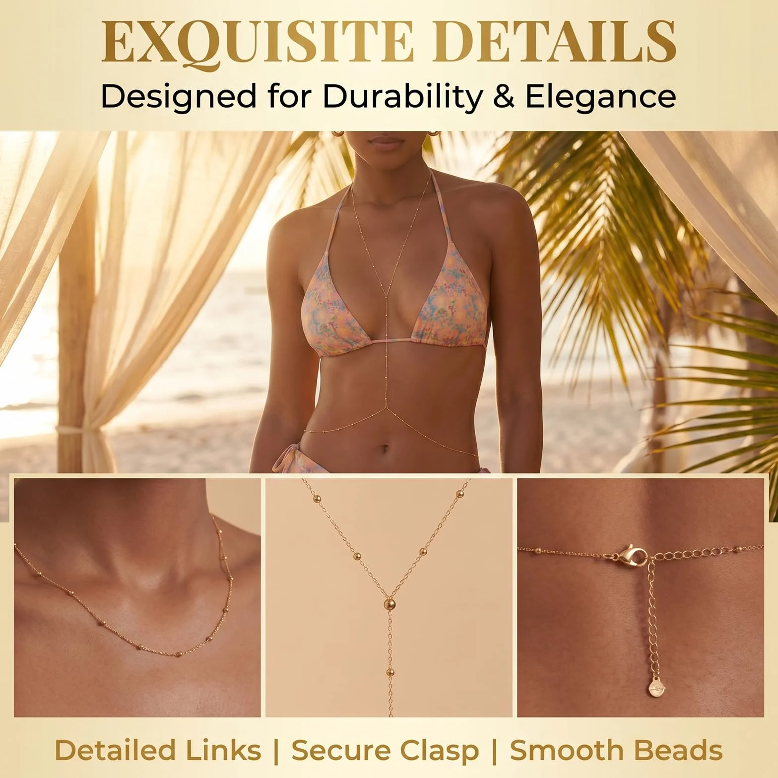 Gold Plated Body Chain for Women, Adjustable Rhinestone Layered Belly & Waist Chain, Sexy Back Jewelry for Beach Vacation