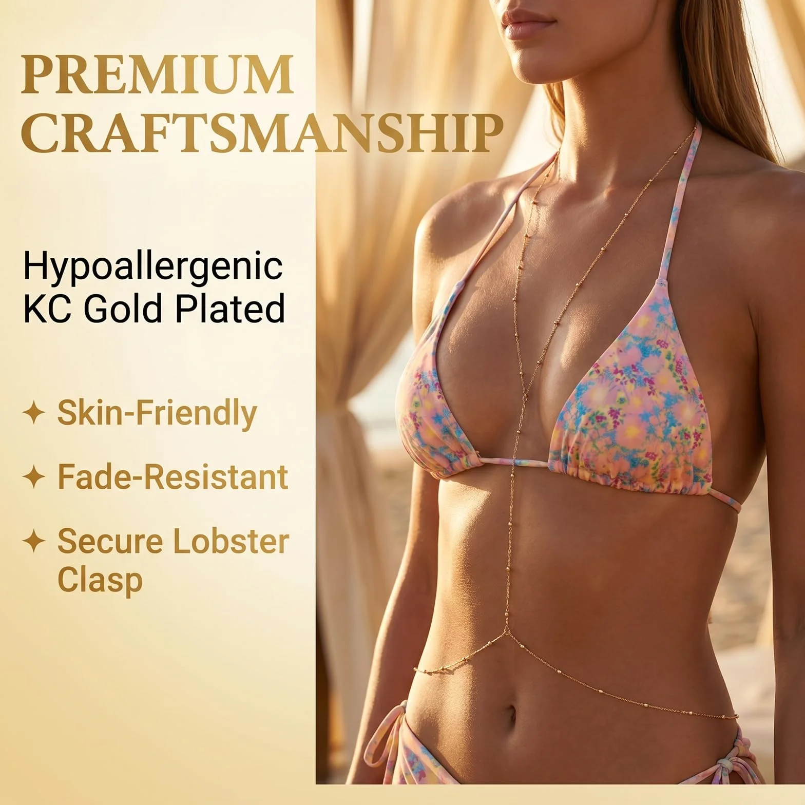 Gold Plated Body Chain for Women, Adjustable Rhinestone Layered Belly & Waist Chain, Sexy Back Jewelry for Beach Vacation