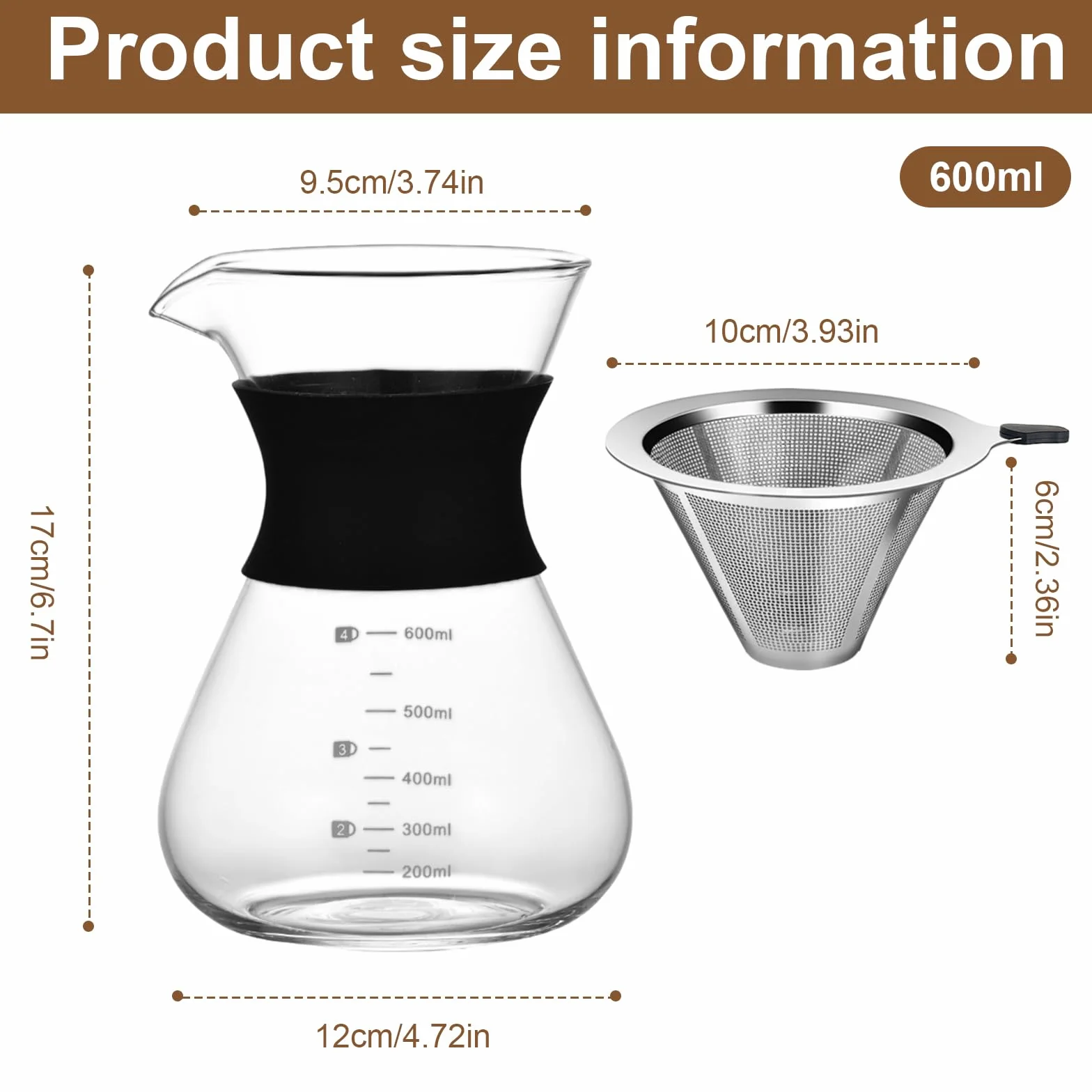 Ekspres do Kawy Przelewowy 600ml, Ręczny Filtrowarz ze Stali Nierdzewnej, Szklany Dripper, Czarny