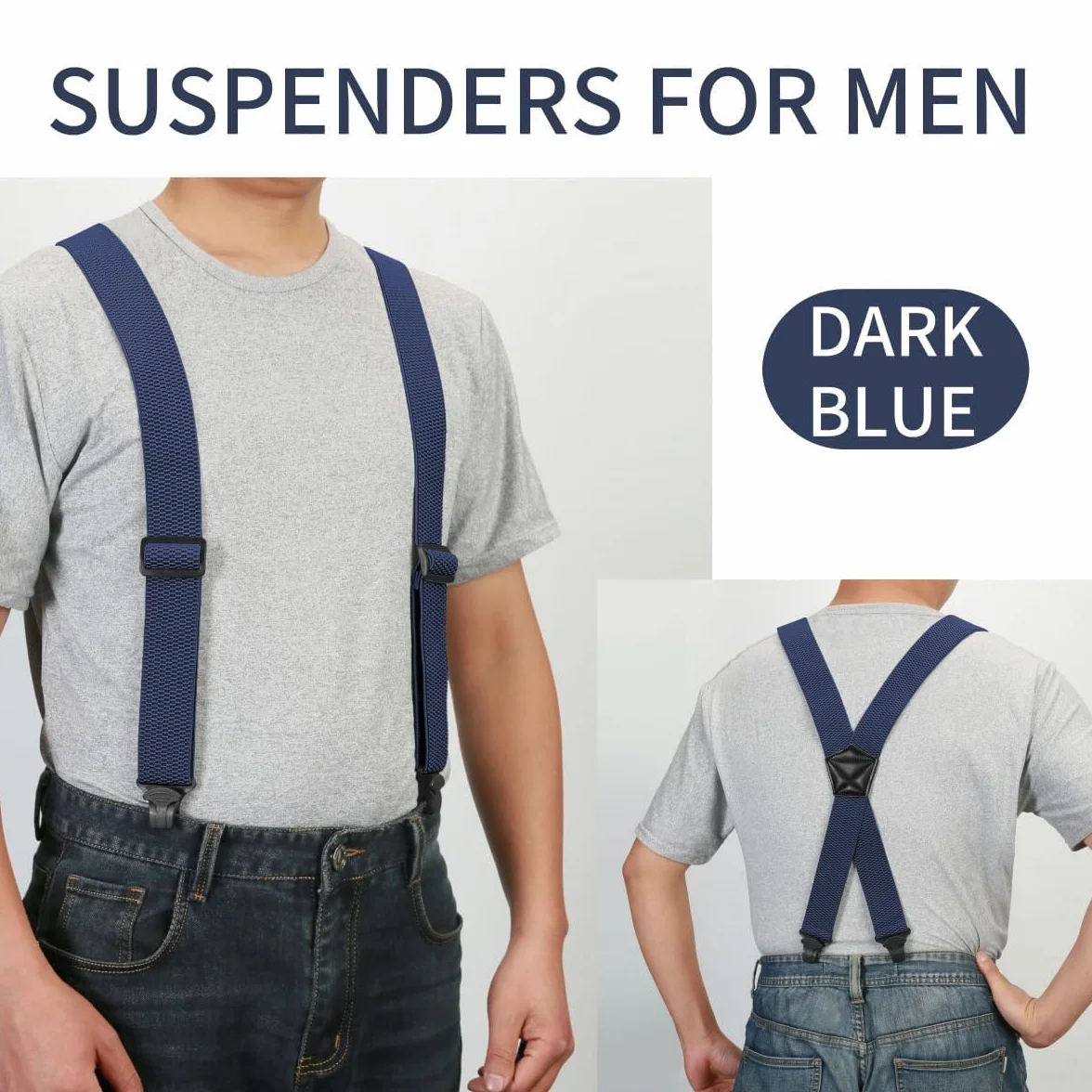 Suspenders for Men Heavy Duty 1,6 cala Wide Airport Friendly Hidden Suspenders with 4 Plastic Gripper Clasps Adjustable Elastic Braces for Casual Work X-Back ciemnoniebieski