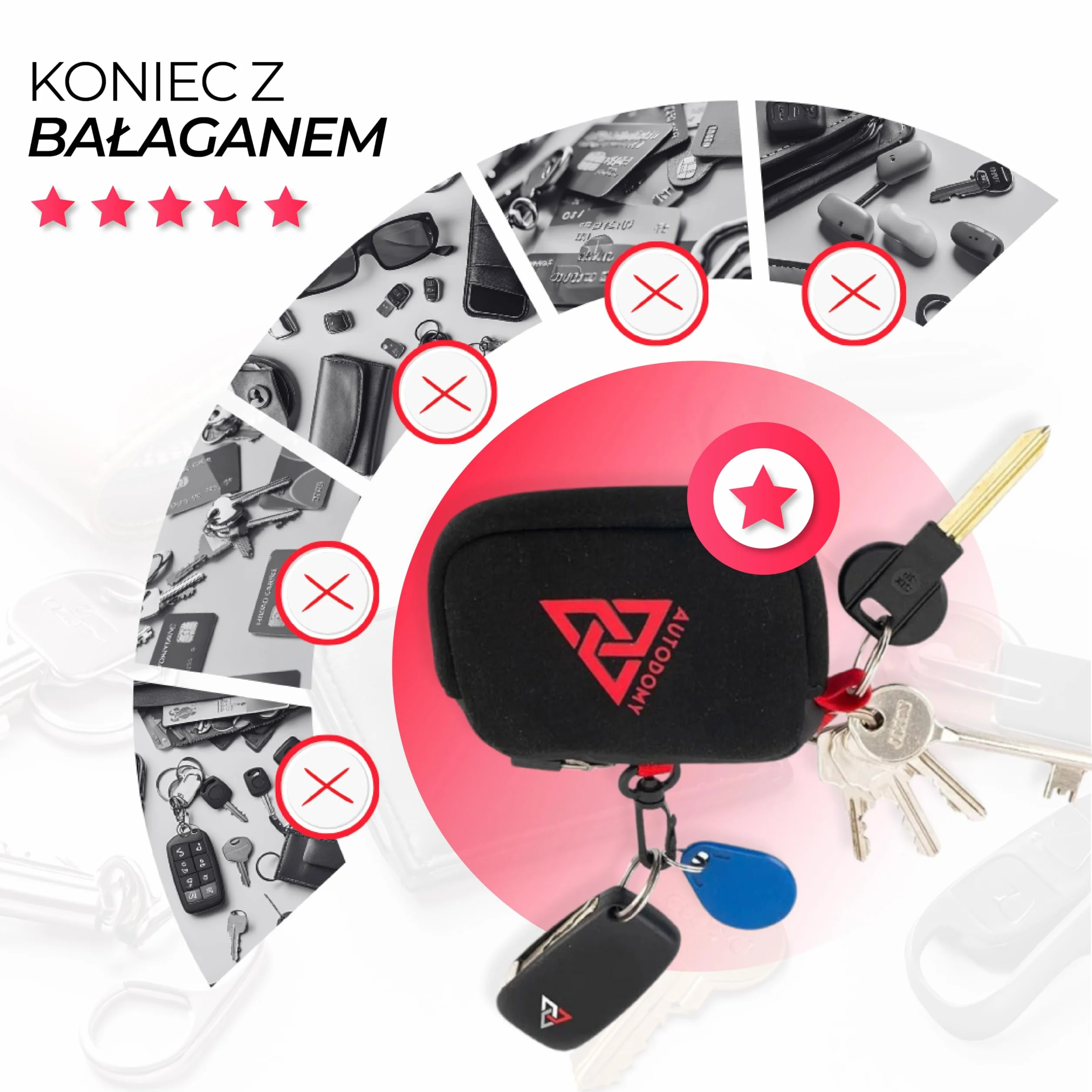 Autodomy Wodoodporny Brelok na Klucze do Motocykla | Etui z Neoprenu w Kolorze Czarnym i Czerwonym | Premium Portmonetka z Pierścieniem Wewnętrznym, Zewnętrznym i Karabińczykiem