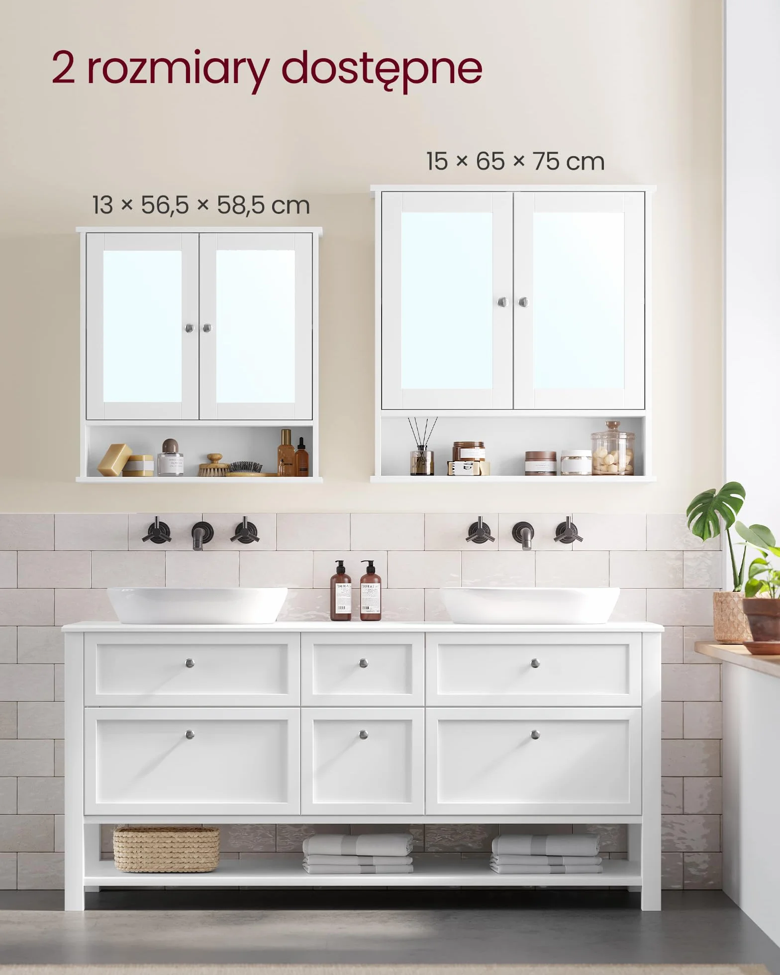 VASAGLE LHC012W01 Szafka łazienkowa z lustrem, szafka ścienna z 2 drzwiami lustrzanymi i otwartą przegródką, regulowana półka, montowana na ścianie, 15 x 65 x 75 cm, biała