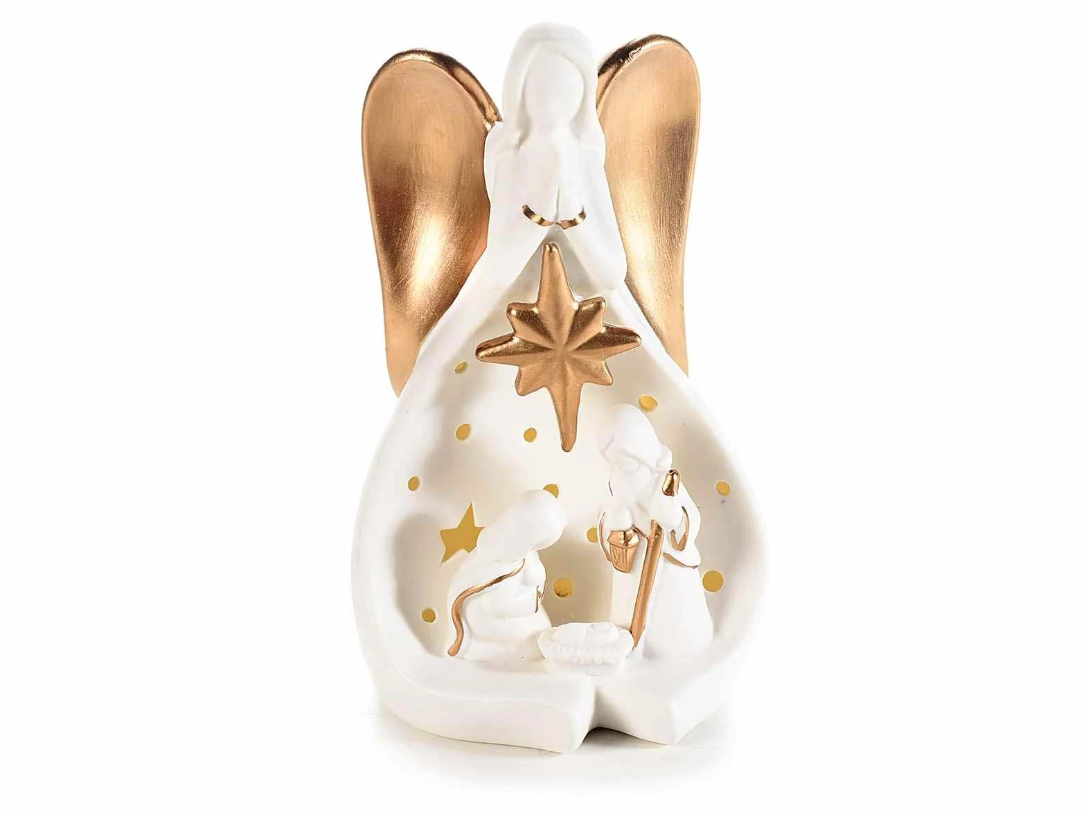 Biała ceramiczna szopka bożonarodzeniowa z diodami LED, 10,5 x 9 x 18 H