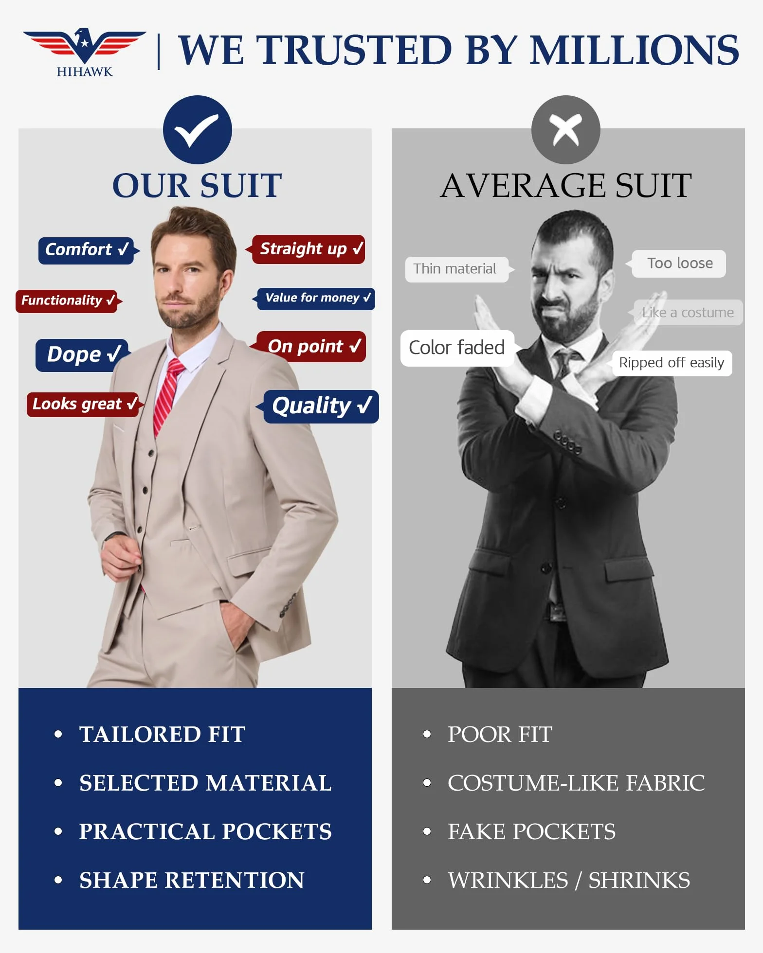 Hihawk Męski 3-częściowy zestaw garniturowy z krawatem, jednokolorowa marynarka slim fit, kamizelka i spodnie, garnitury dla mężczyzn, na wesele, przyjęcie, do biznesu
