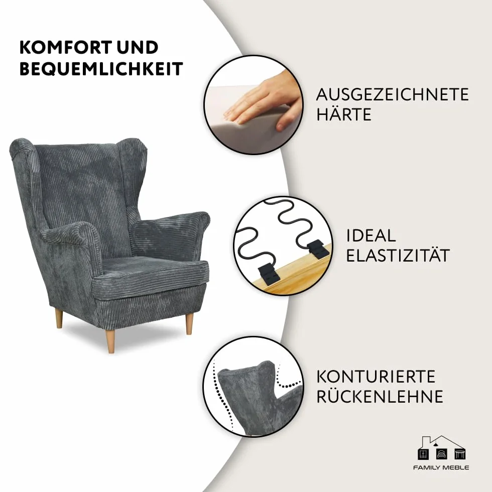 fotel Cord, model Bonito, skandynawski, fotel relaksacyjny z tkaniny, fotel do salonu, fotel klubowy, wygodny fotel, do salonu, jadalni, sypialni, biura, elegancki design, niebieski