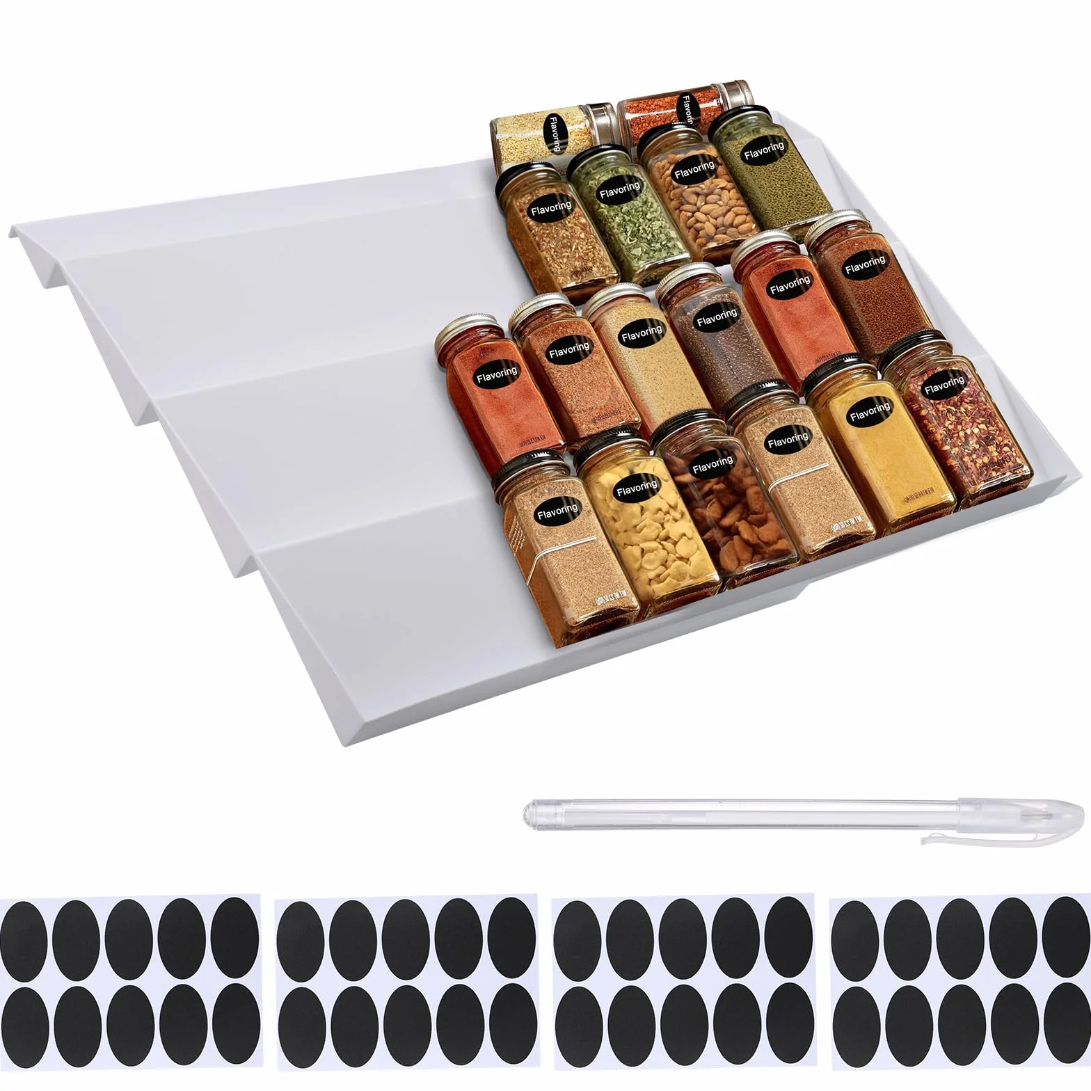 Fentar Organizer Szuflad na Przyprawy, Rozszerzalny 30-60 cm, 4-Poziomowy, 40 Etykiet, 2 szt.