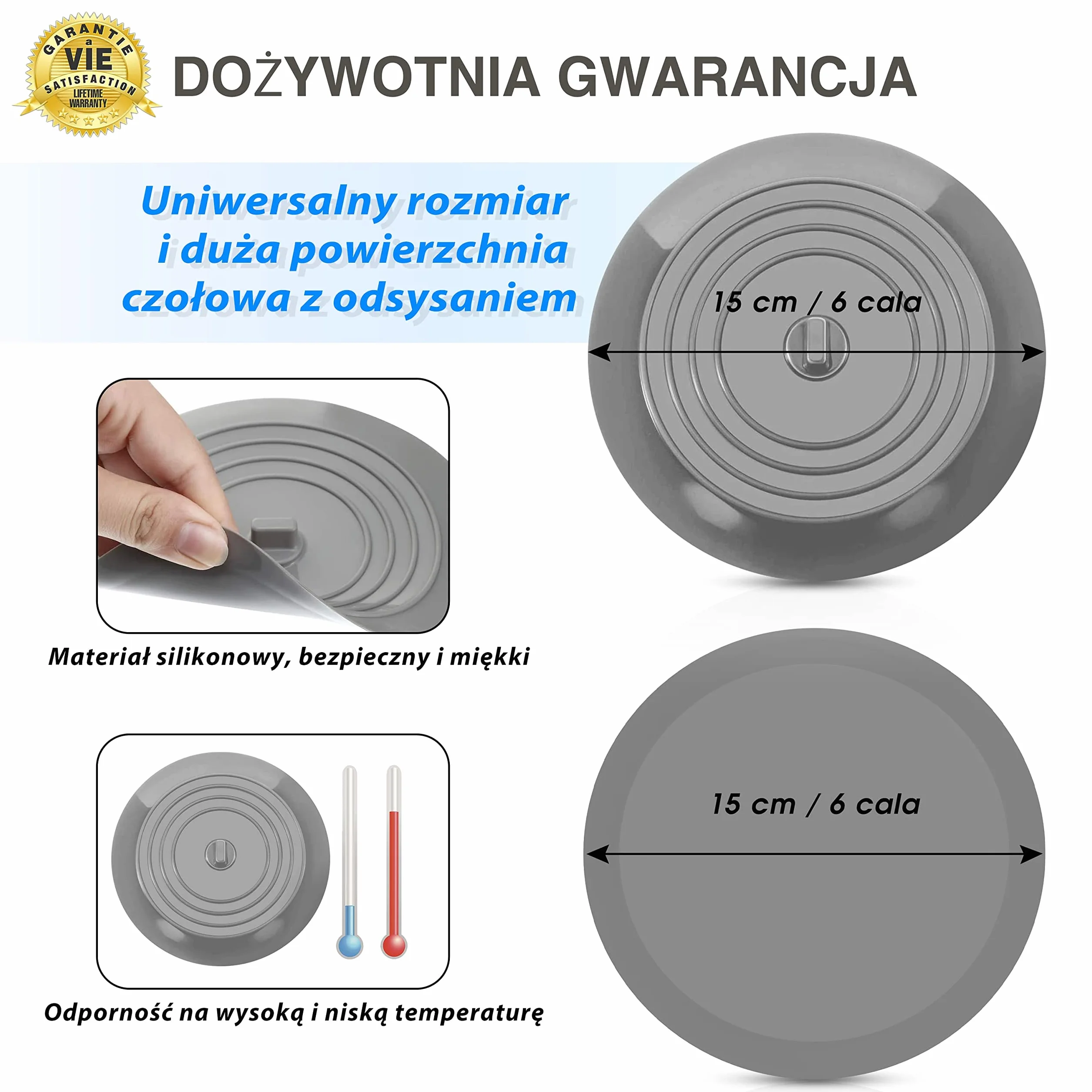 Silikonowy Korek 15.2 cm Szary Uniwersalny Wodoszczelny do Umywalki Wanny Zlewu