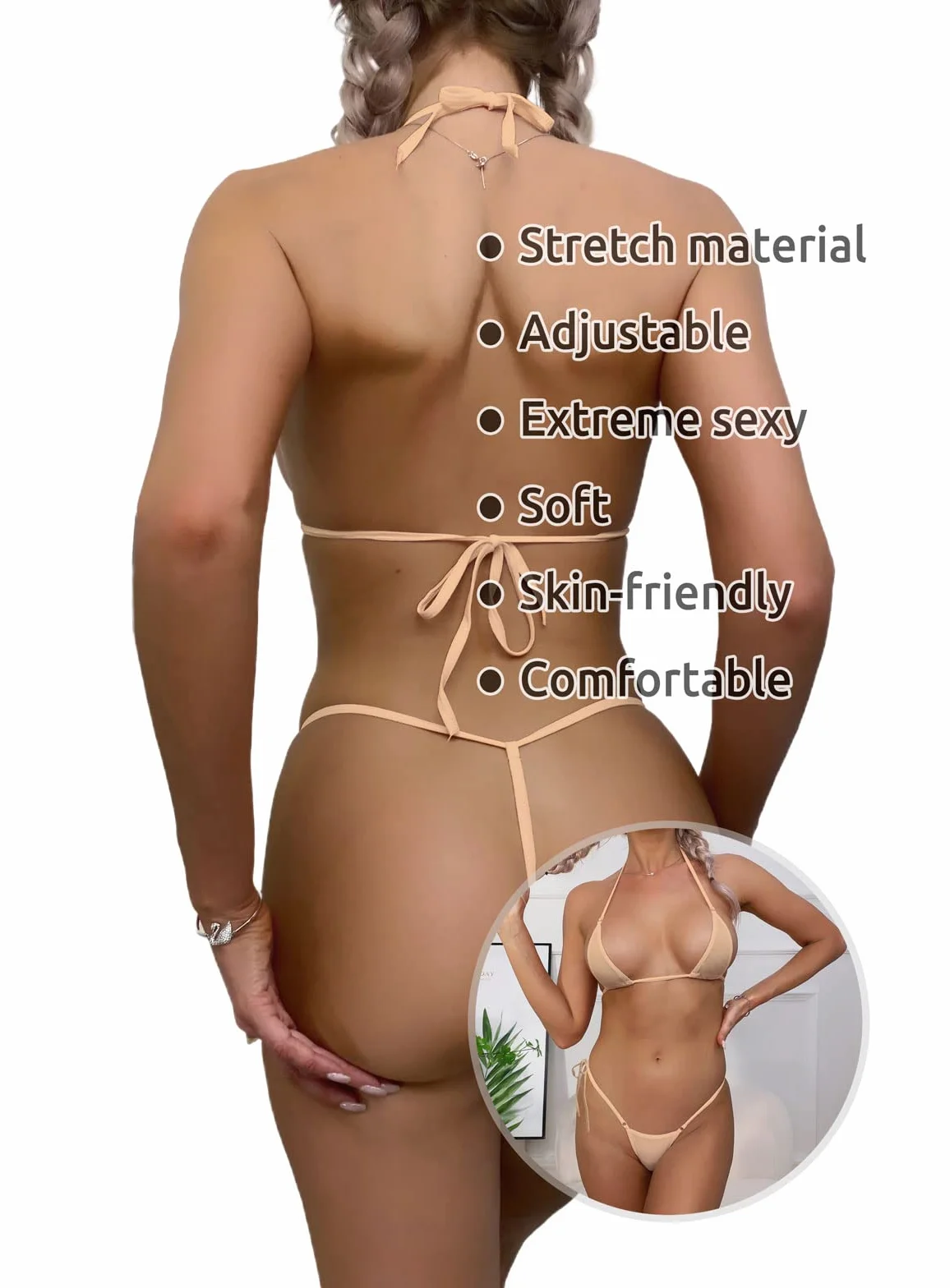 Dadress Extreme Sexy Mini Bikini Sets 2Pcs Swimwear G-String Bottom Swimsuit Micro Bikinis for Women Apricot