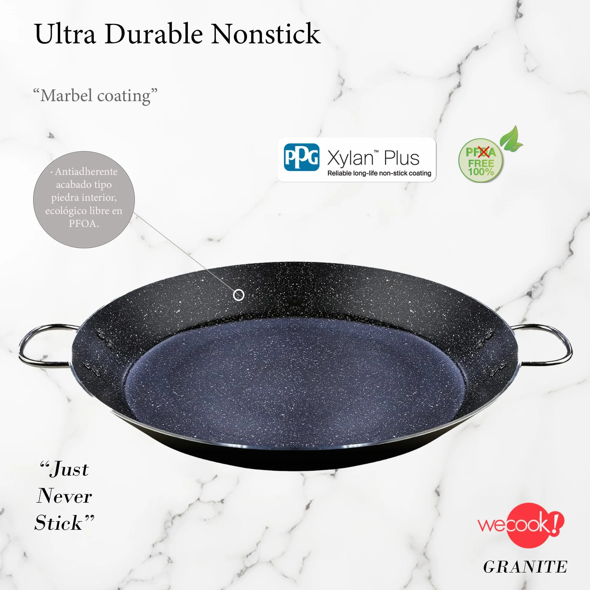WECOOK! Granit patelnia do paelli indukcyjnej, 42 cm, 10 porcji, aluminium, powłoka nieprzywierająca XYLAN PLUS bez PFOA, grubość 3 mm, nadaje się do wszystkich rodzajów kuchenek, ceramiki szklanej,