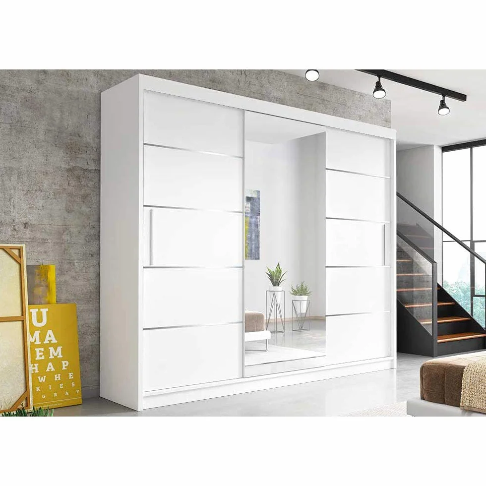 Szafa z 3 drzwiami przesuwnymi biała 233 cm lustro drążek na ubrania ML Furniture M23