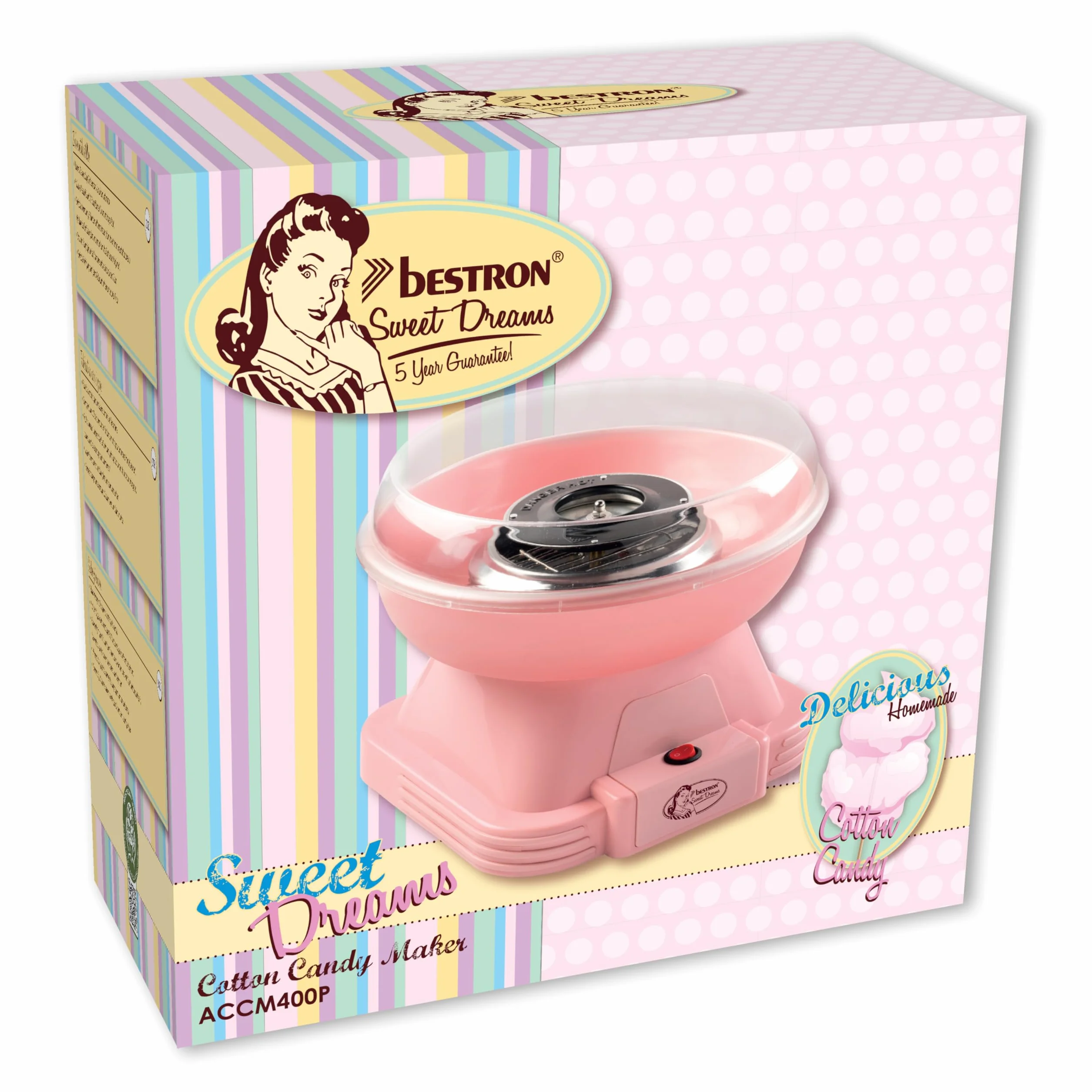 Bestron Retro Cotton Candy Maker do waty cukrowej z 10 pałeczkami i łyżeczką pomiarową