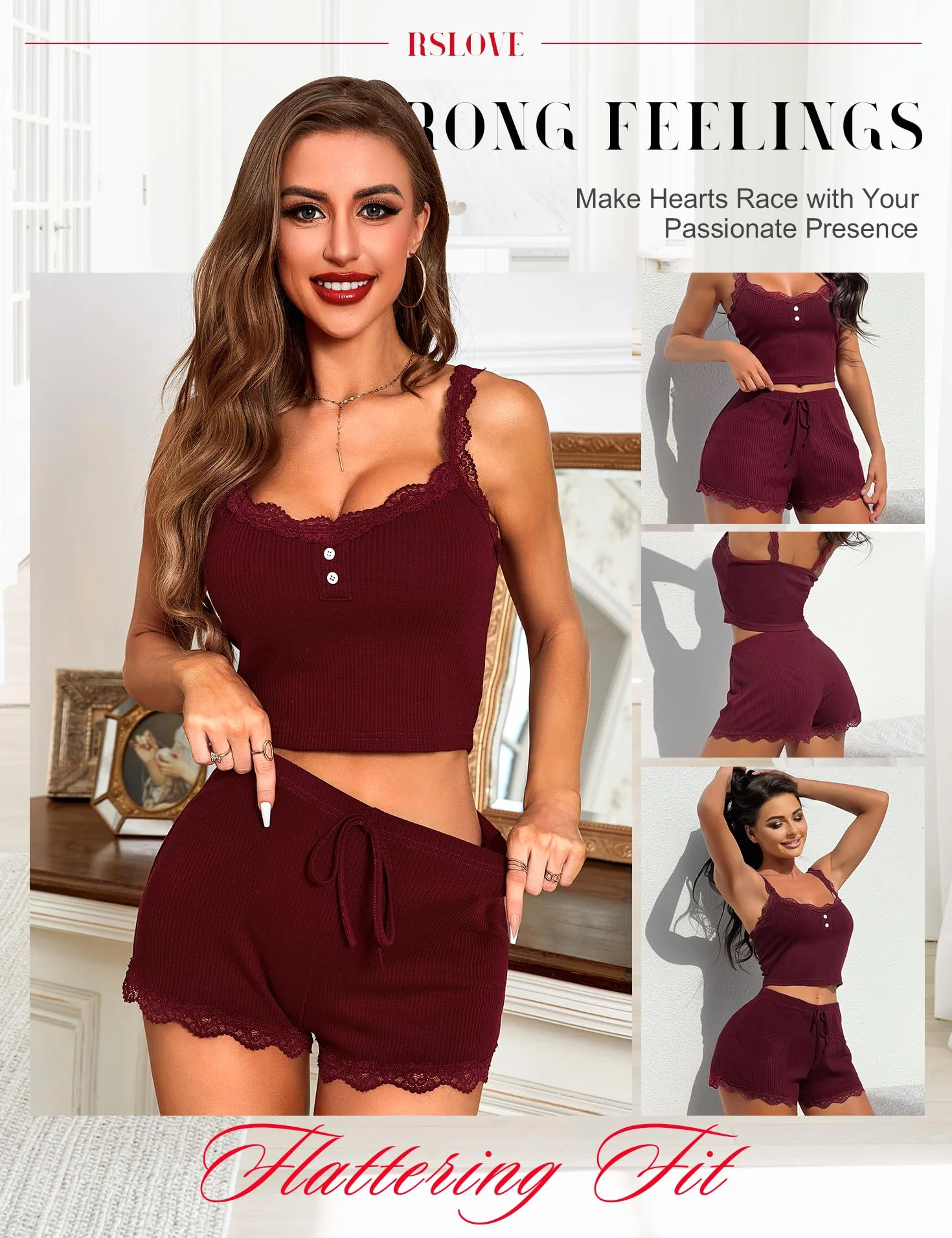 RSLOVE Damska piżama koronkowa piżama zestaw dla kobiet top i szorty seksowna bielizna nocna, czerwony (wine red), XL