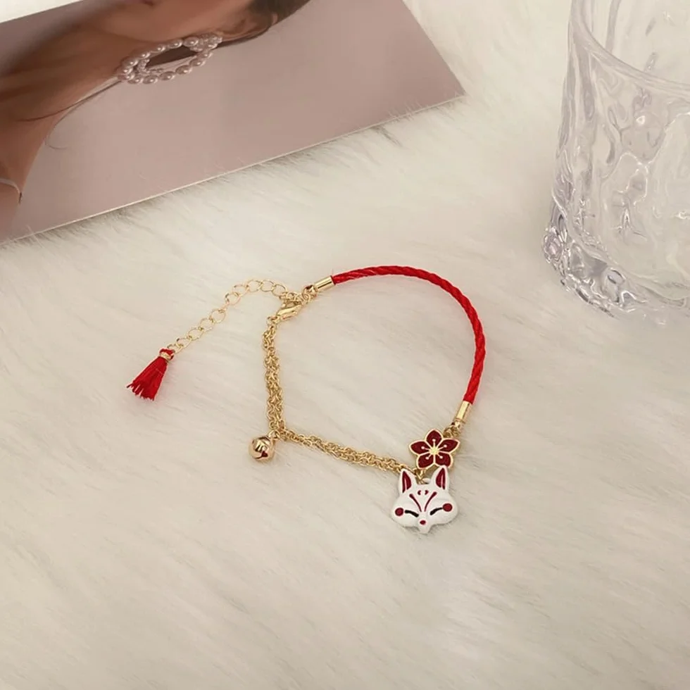 Japońska urocza czerwona sakura lis maska bransoletka dzwonek charm pół czerwona lina pół łańcuszek bransoletki dla kobiet, średnia, cynk, bez kamieni szlachetnych, Medium, Cynk, Bez kamienia