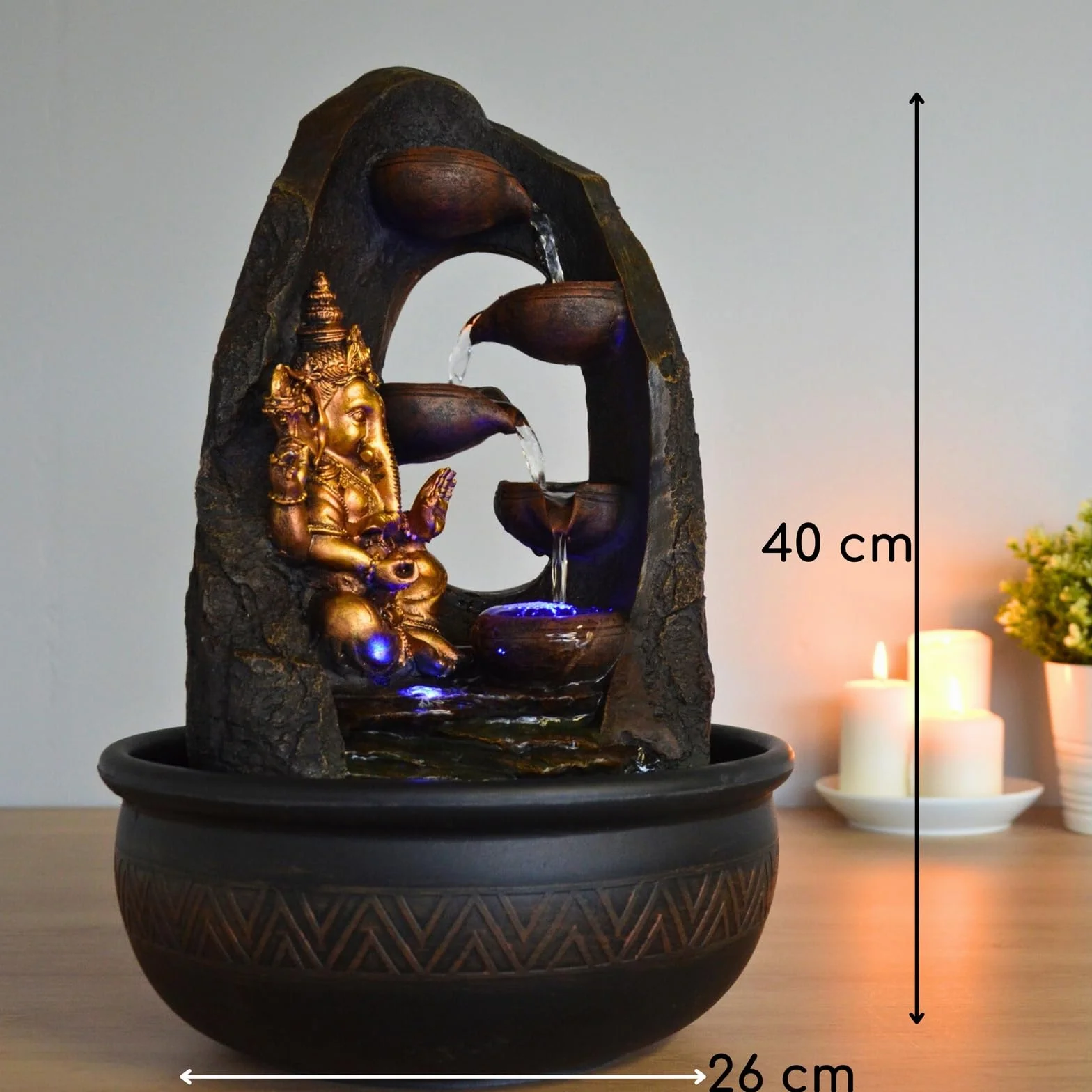 Budda Ganesh fontanna wewnętrzna z kolorowym światłem LED - dekoracja Feng Shui Zen - wspornik łóżka - wys. 40 cm - Mystic Zen'light