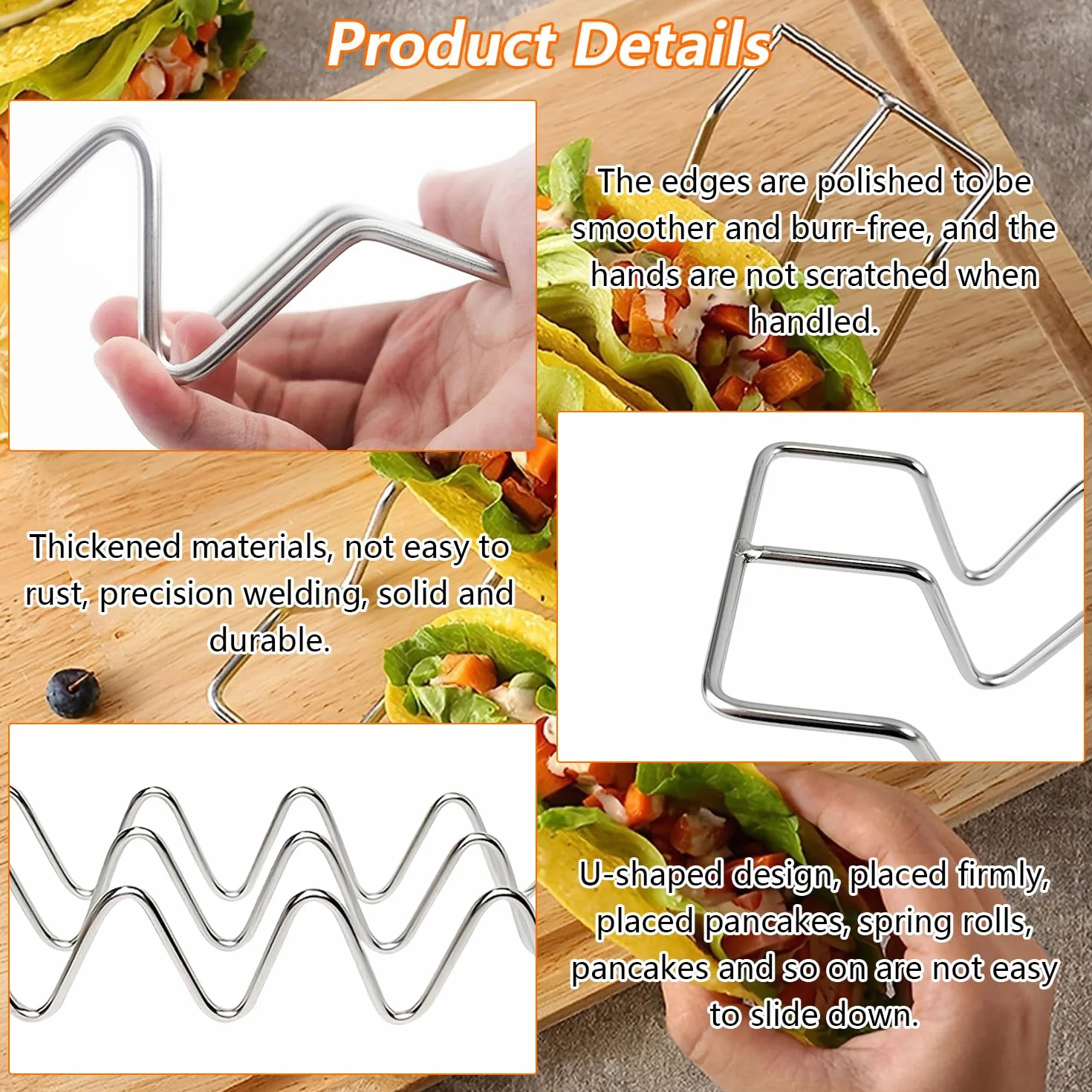 3 uchwyty do taco, 26 x 7,5 cm, miseczki do taco w kształcie litery W, stal nierdzewna 304, uchwyt na hot dog, rolka do urządzeń kuchennych, burrito do tacos, grilla