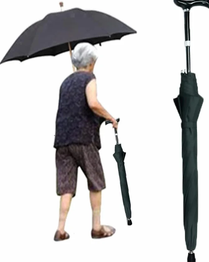 Regulowany parasol z laską dla seniorów, przenośny, z antypoślizgowym uchwytem, wiatroszczelny, z regulowaną wysokością 87-96 cm, idealny do pomocy w poruszaniu się, zapewniający stabilność i wsp
