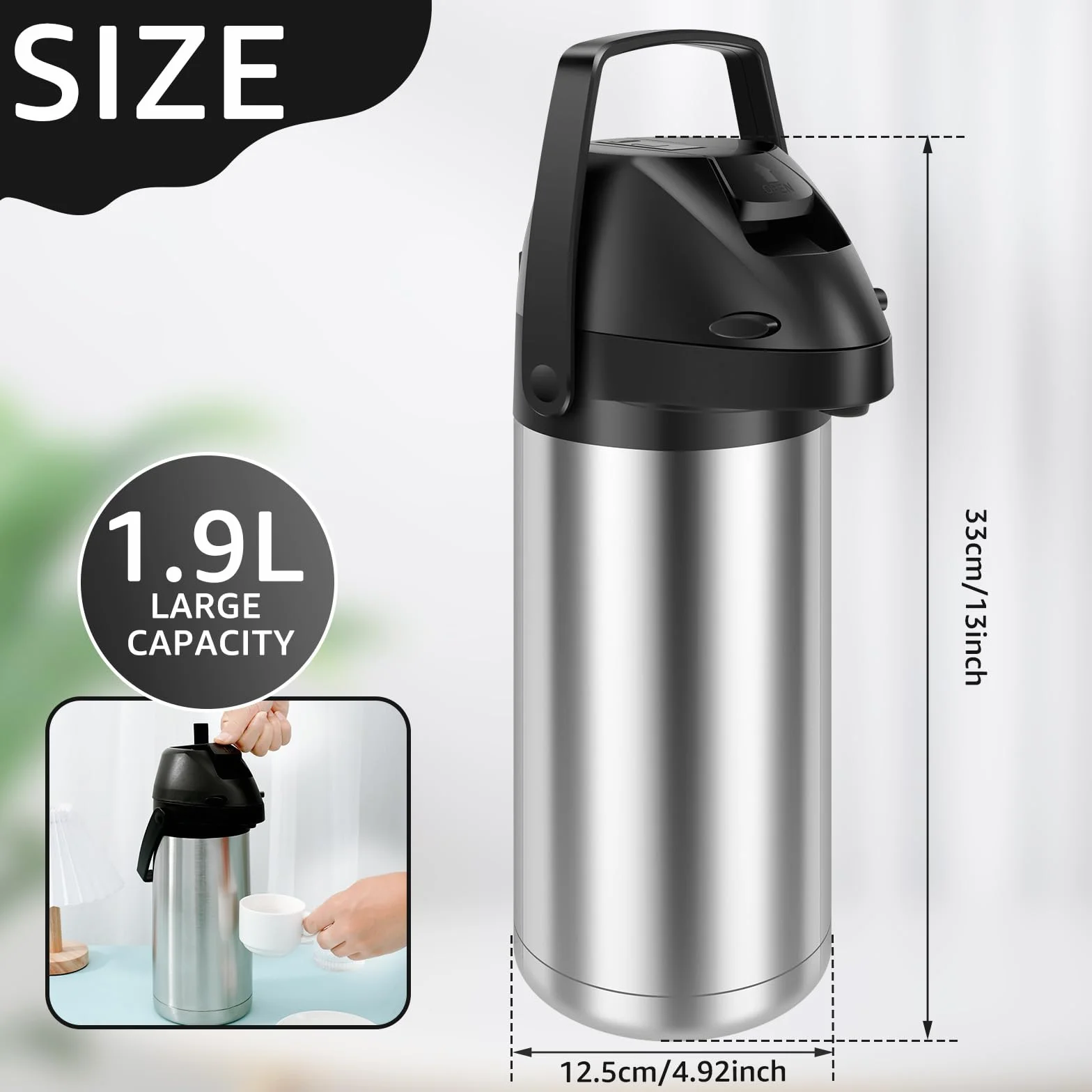 Dzbanek z pompką Airpot, 1,9 l, termos, ze stali nierdzewnej, wodoszczelny, z zamkiem zabezpieczającym, do kawy, wody, herbaty, gorącej czekolady, kakao