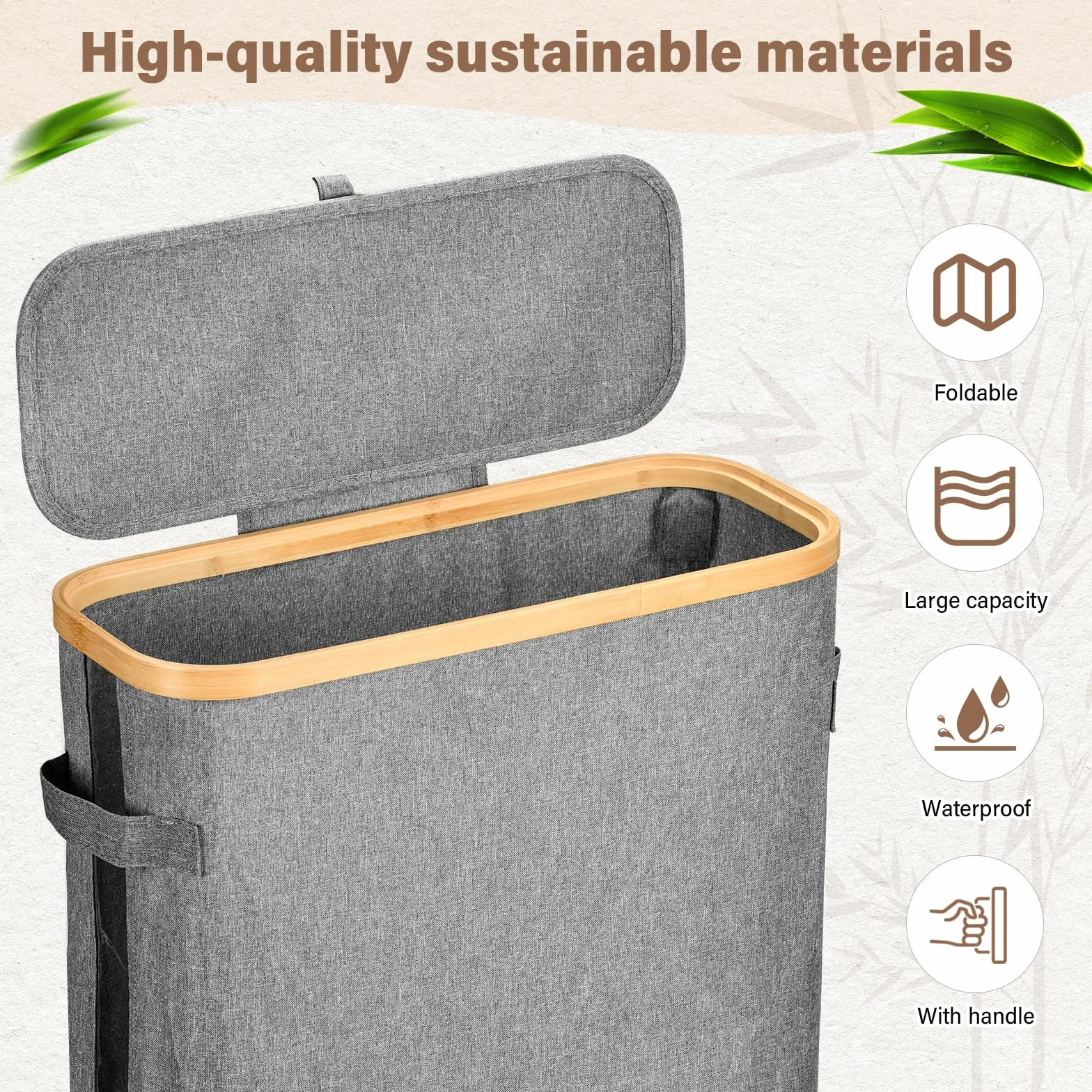 Kosz do przechowywania papieru toaletowego z pokrywką, 47 l bambusowy organizer do papieru toaletowego, organizer do łazienki, przezroczysty pojemnik na rolki papieru toaletowego z uchwytem i nóżkami