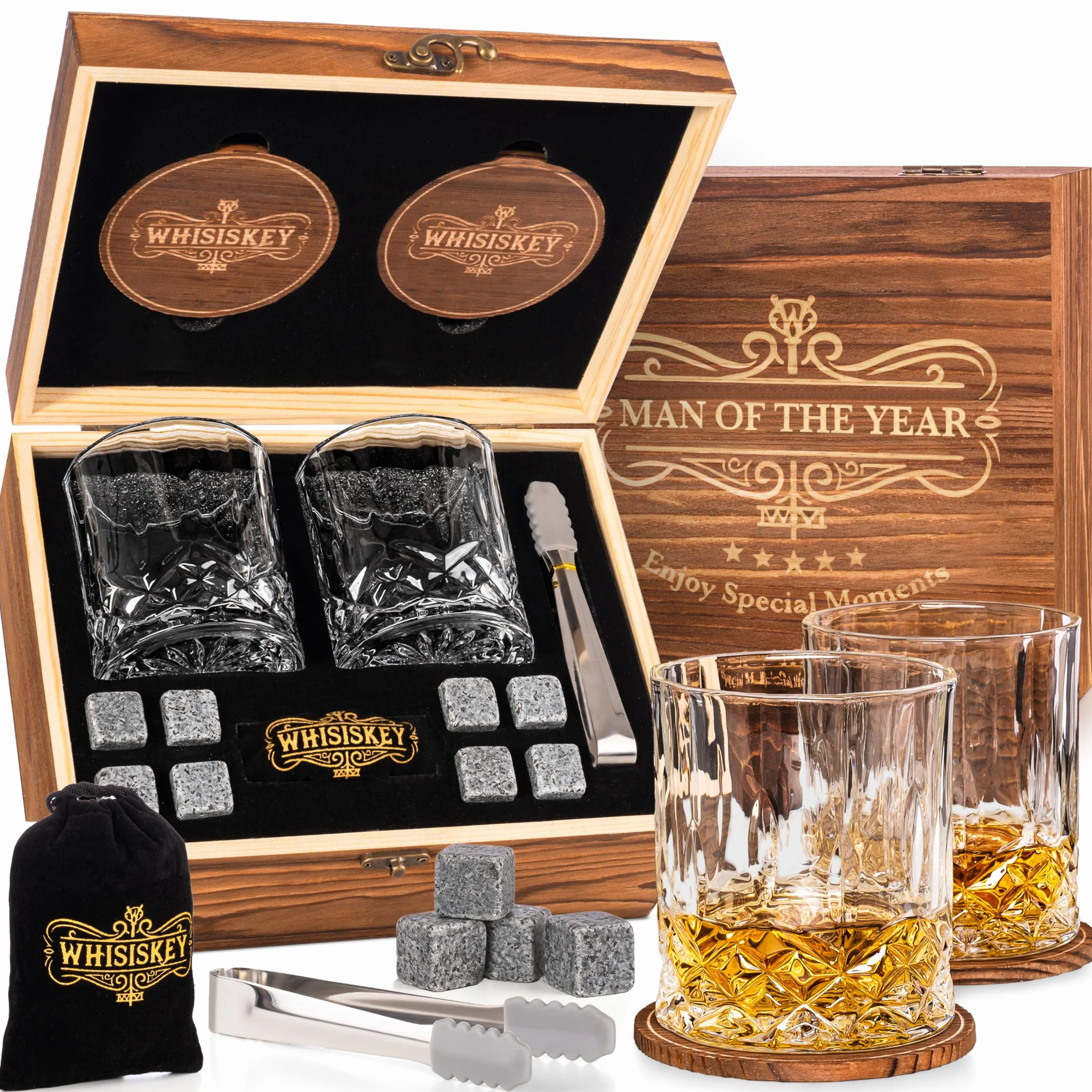 WHISISKEY Zestaw Szklanki do Whisky - Zestaw Prezentowy Whisky - Szklanek do Whiskey - Prezenty dla Mężczyzn - Pudełko Prezentowe, 2 Szklanki na Whisky 310ML, 8 Kamienie do Whisky, Akcesoria