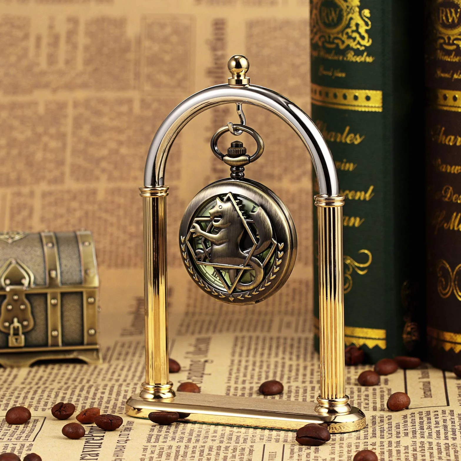 TREEWETO Zegarek kieszonkowy, uniseks, mechaniczny, podwójna pokrywa, Fullmetal, alchemist, świecący szkielet, steampunk, dla mężczyzn i kobiet, z łańcuszkiem - brąz