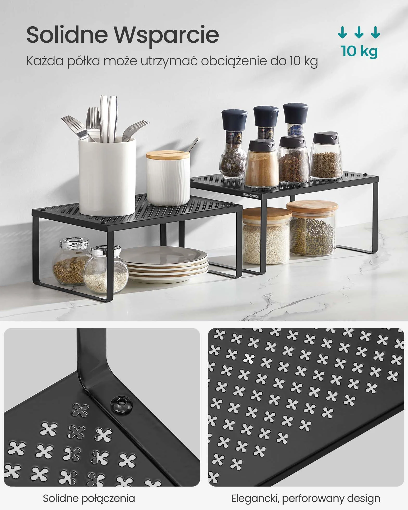 SONGMICS Zestaw 4 półek na przyprawy Metalowy Czarny KCS006B01
