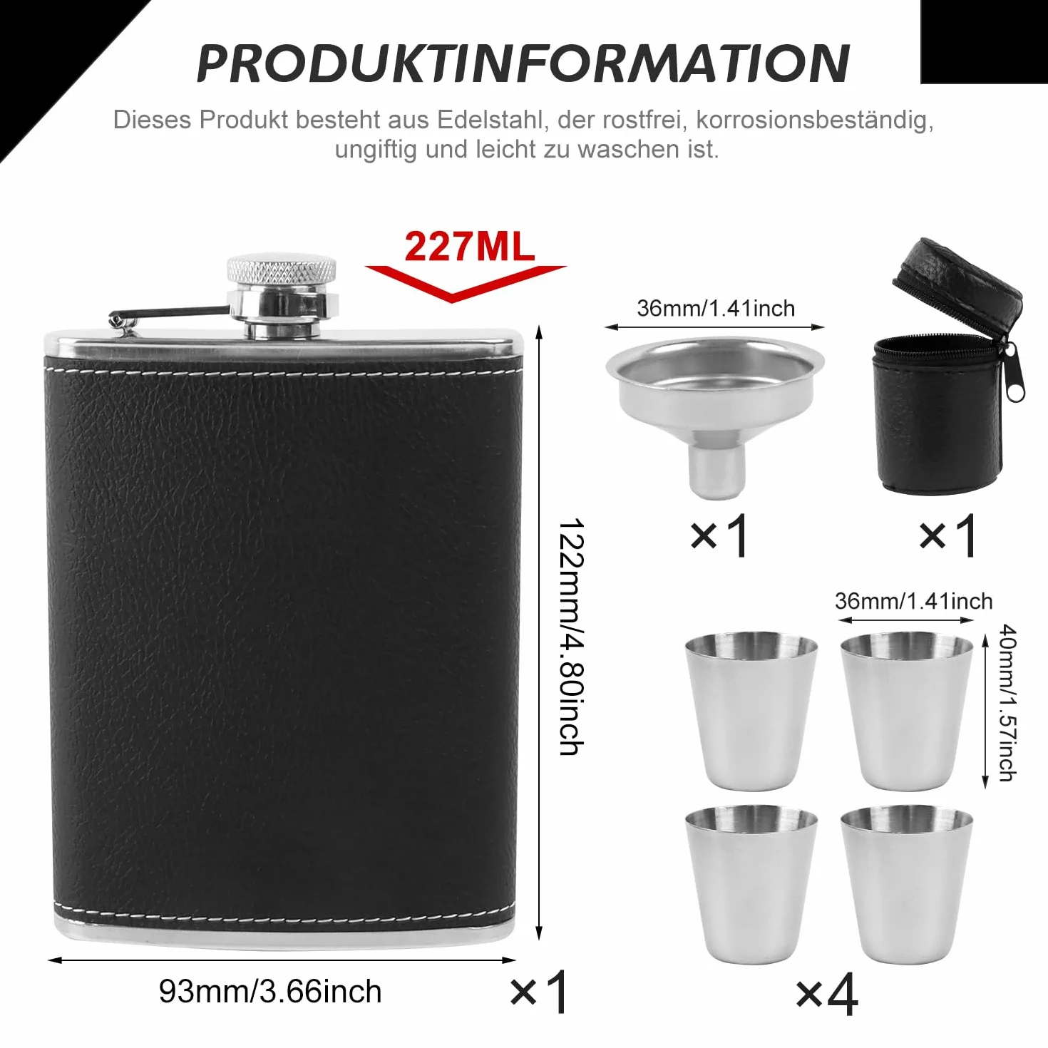 Piersiówka ze stali nierdzewnej 8 oz zestaw z lejkiem i 4 kubkami (czarna)