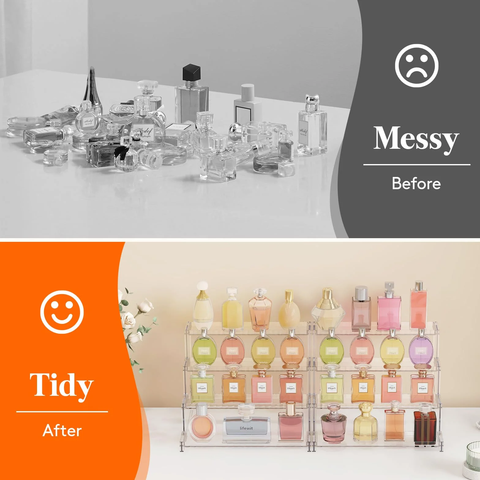 Lifewit 4-Poziomowy Przezroczysty Stojak z Ozdobnymi Płotkami, Plastikowy Organizer na Perfumy, 30,48 cm