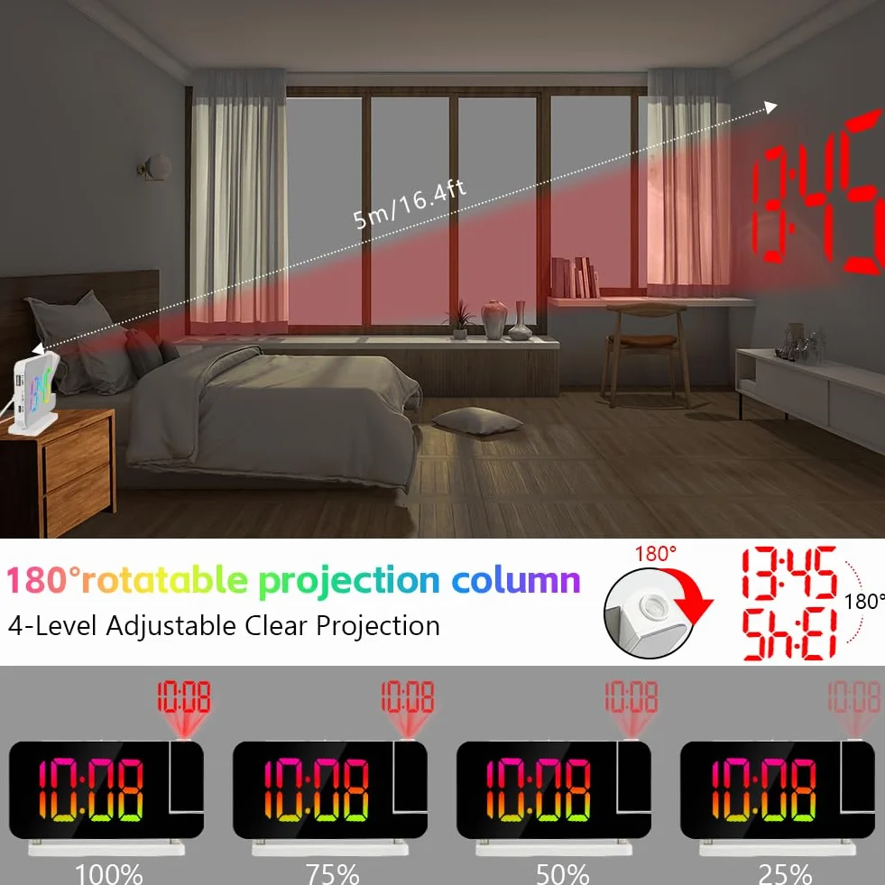 Budzik projekcyjny, 7,4 calowy wyświetlacz LED budzik, projektorem obrotowym o 180°, Budzik projekcyjny do sypialni, 6-poziomowa regulacja jasności, port ładowania USB, 12/24 godz, drzemką