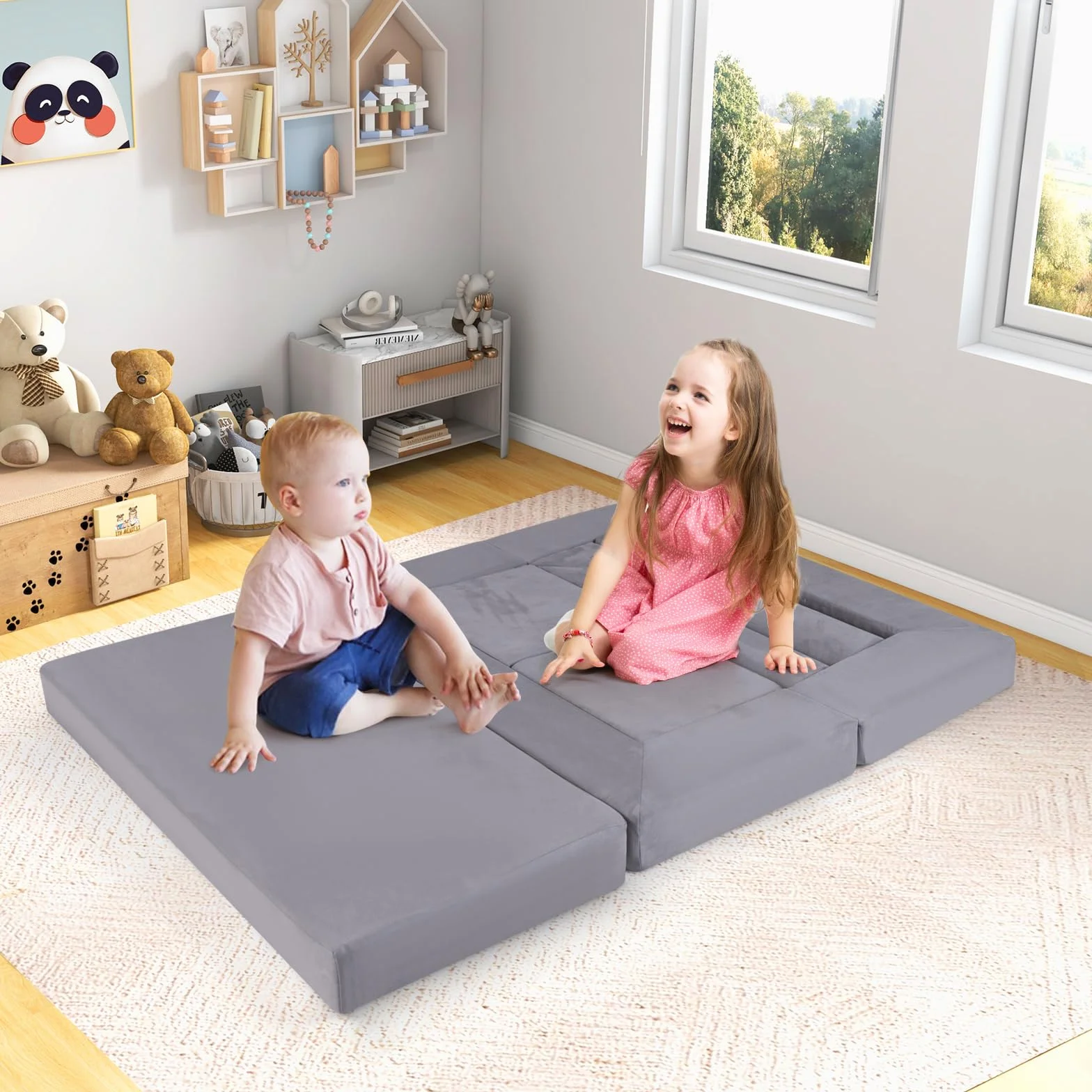 COSTWAY Modułowa sofa dziecięca 9-częściowa z pianki zamszowa szara
