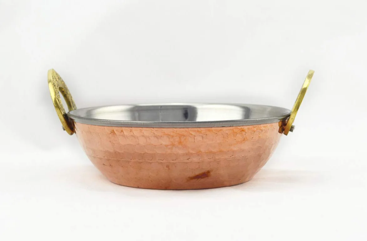 Hostelnovo - Miska z uchwytami do indyjskiego jedzenia - Miska Karahi - Miedź ze stali nierdzewnej - Miniaturowe uchwyty w kształcie podkowy - Indyjskie naczynia - 15 x 5,5 cm